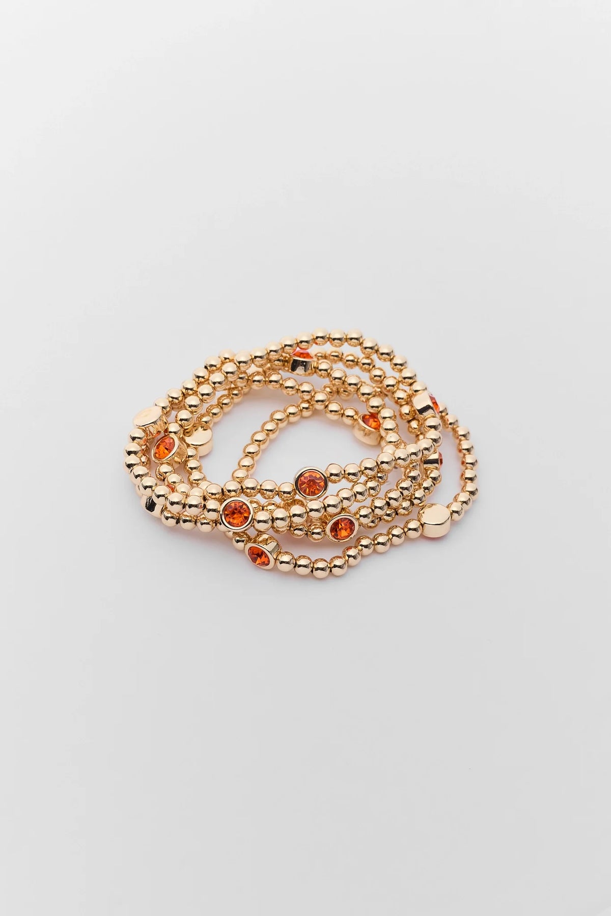Gold Beaded Orange Rhinestone Bracelet Set - Flat Lay, Stacked | Avara