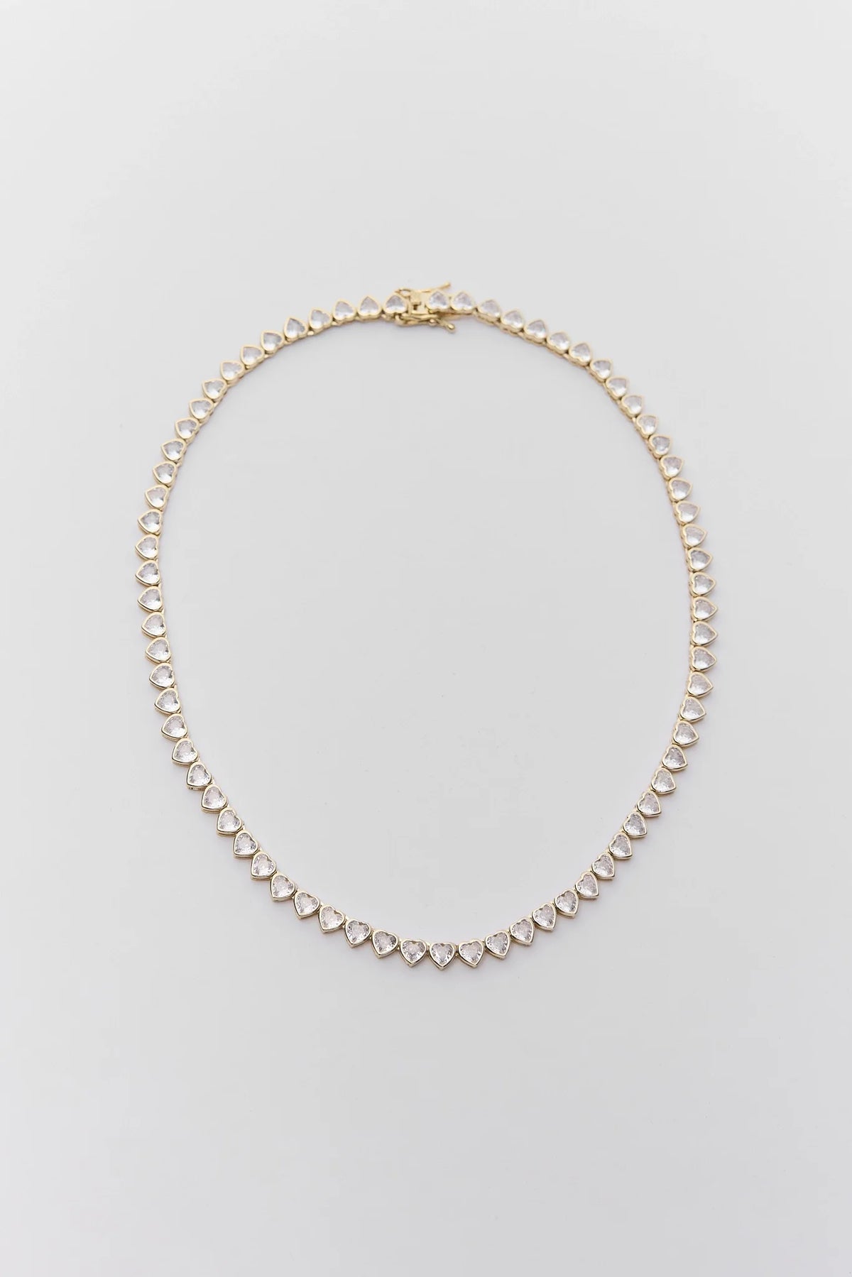 Gold Heart Rhinestone Tennis Necklace - Full Flat Lay, Clear Sparkling Heart Stones | Avara