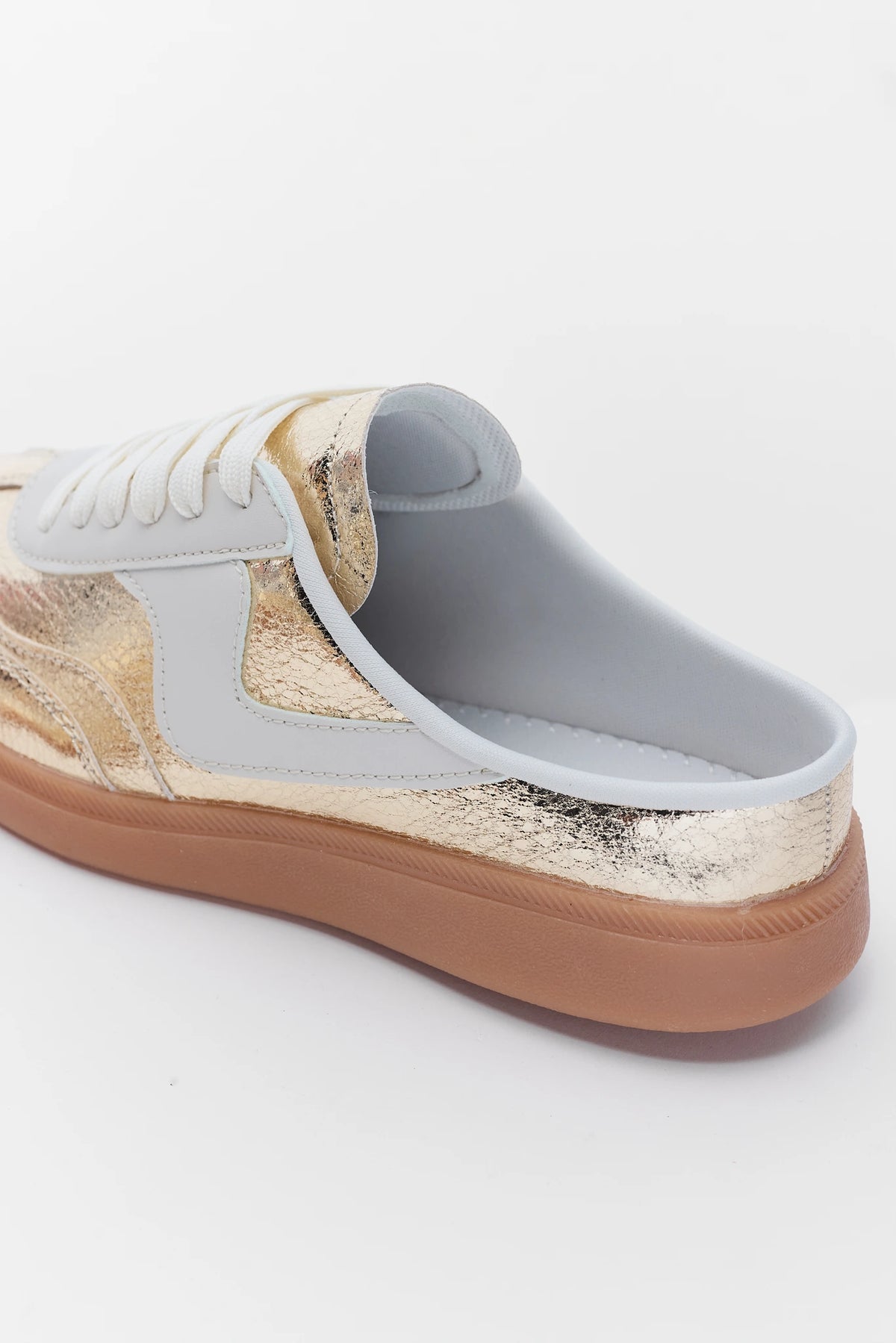 Gold Slip-On Sneakers - Back Detail, Open Heel & Gum Sole Close-Up | Avara