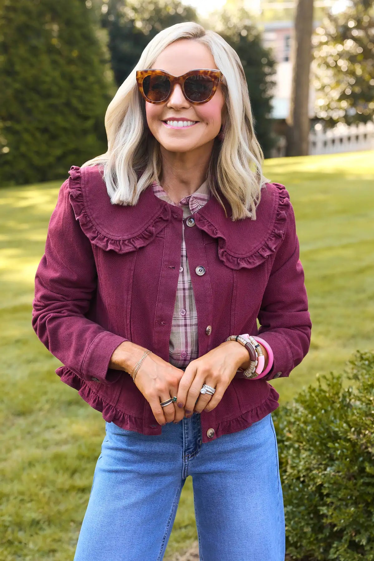 Burgundy Denim Jacket with Ruffled Collar - Outdoor Styled Look | Avara