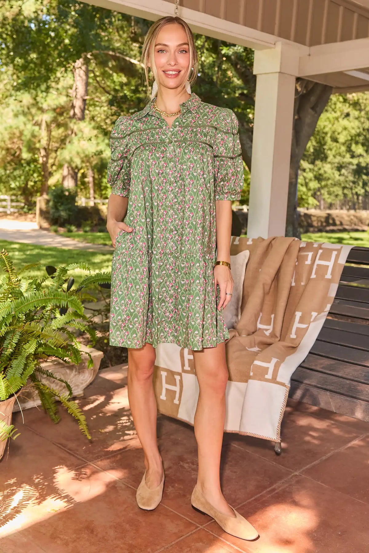 Green Floral Drop Waist Short Dress - Outdoor Lifestyle Shot with Loafers | Avara