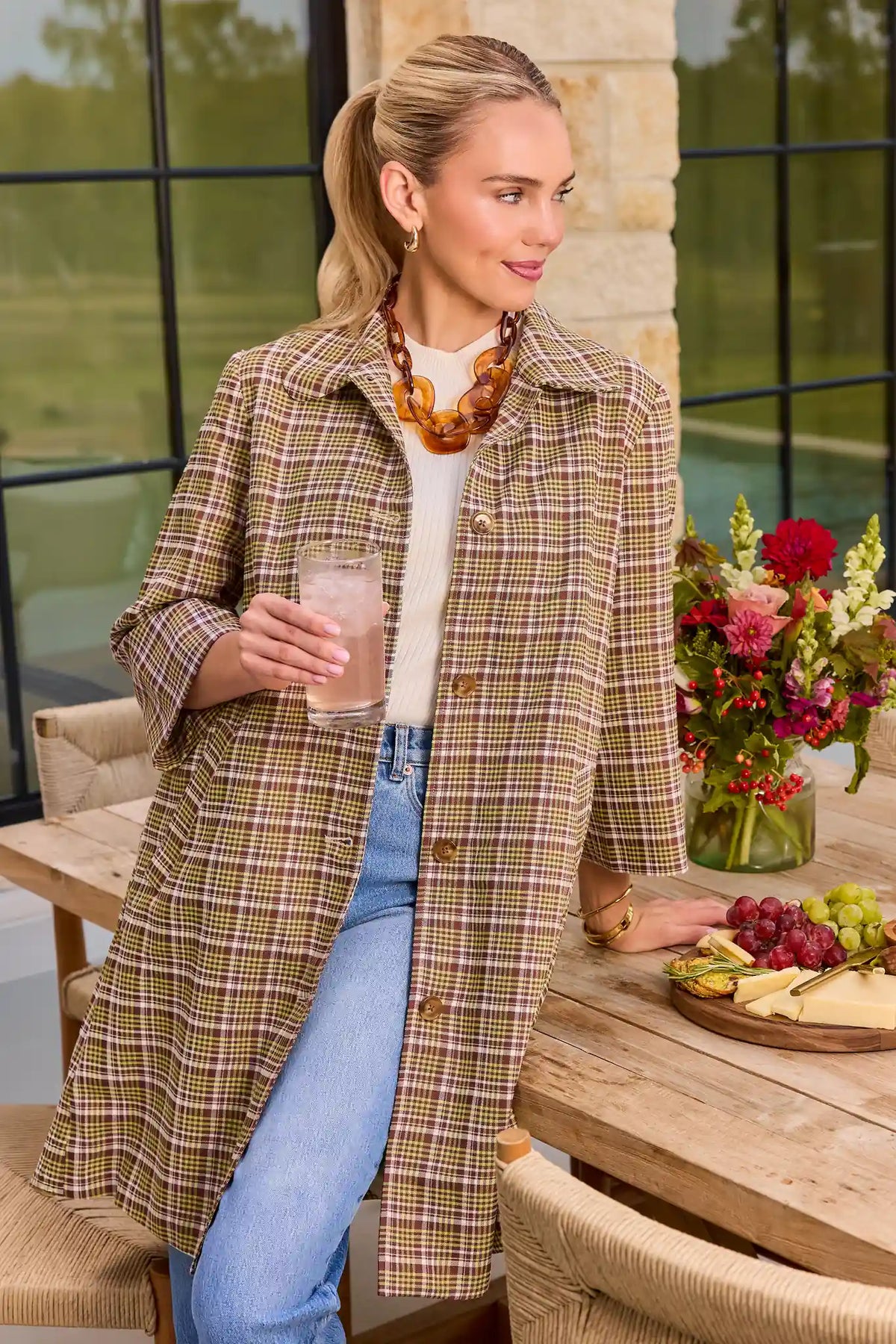 Green Plaid Print Trench Coat - Lifestyle On Model, Styled with Jeans | Avara