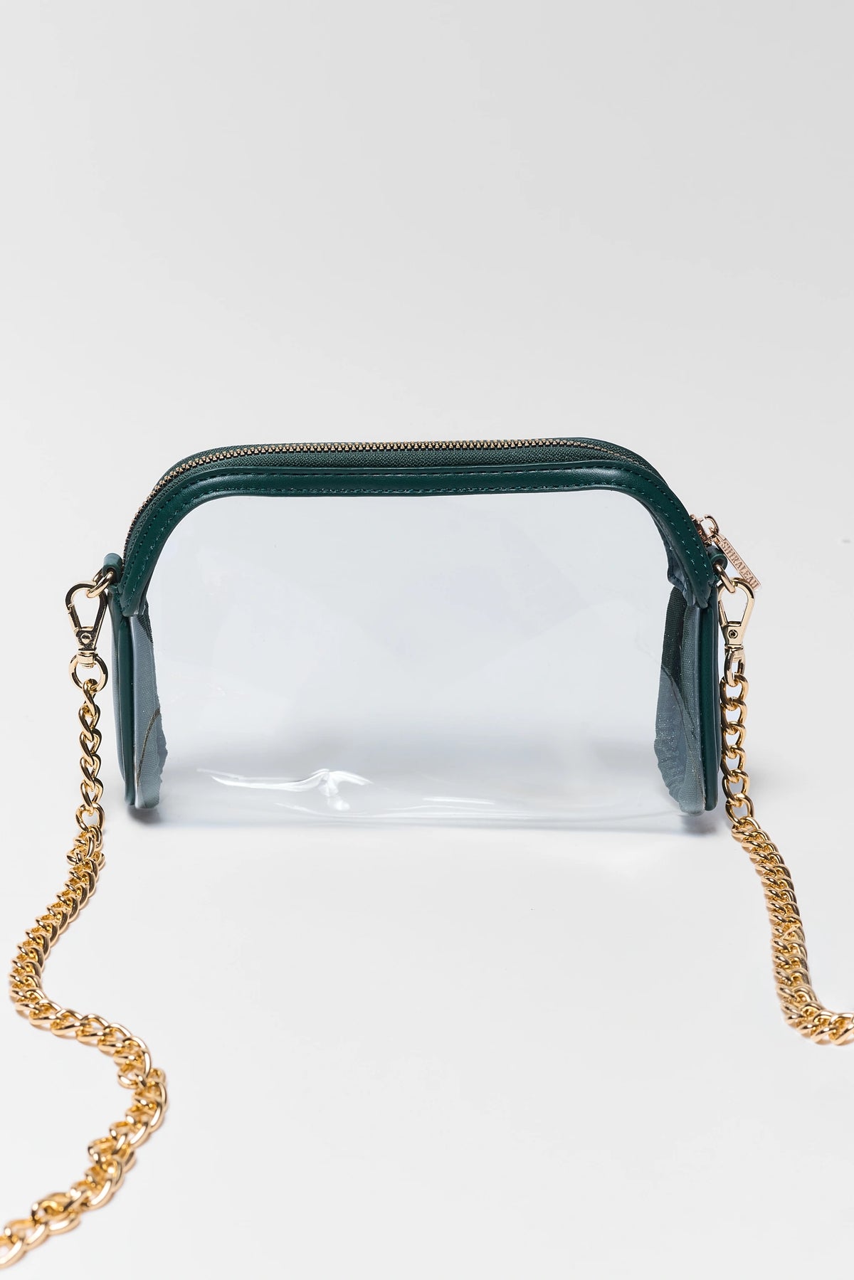 Green Trim Clear Crossbody Bag with gold chain strap - Front View | Avara