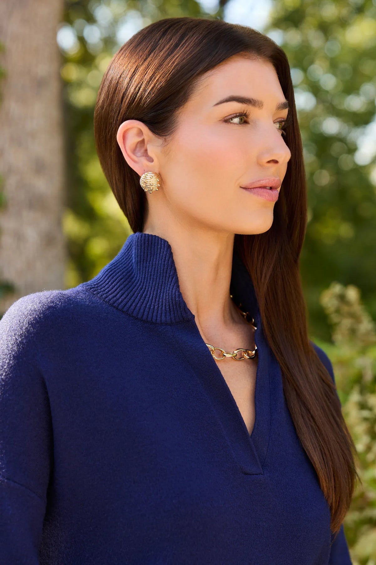 Navy Knit Sweater Stand Collar Close-Up - Ribbed V-Neckline Detail | Avara