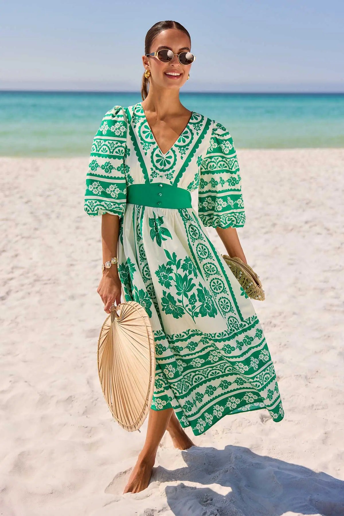 Hadley Green Printed Midi Dress - Full Length Beach Lifestyle Shot, Puff Sleeves & Floral Print | Avara