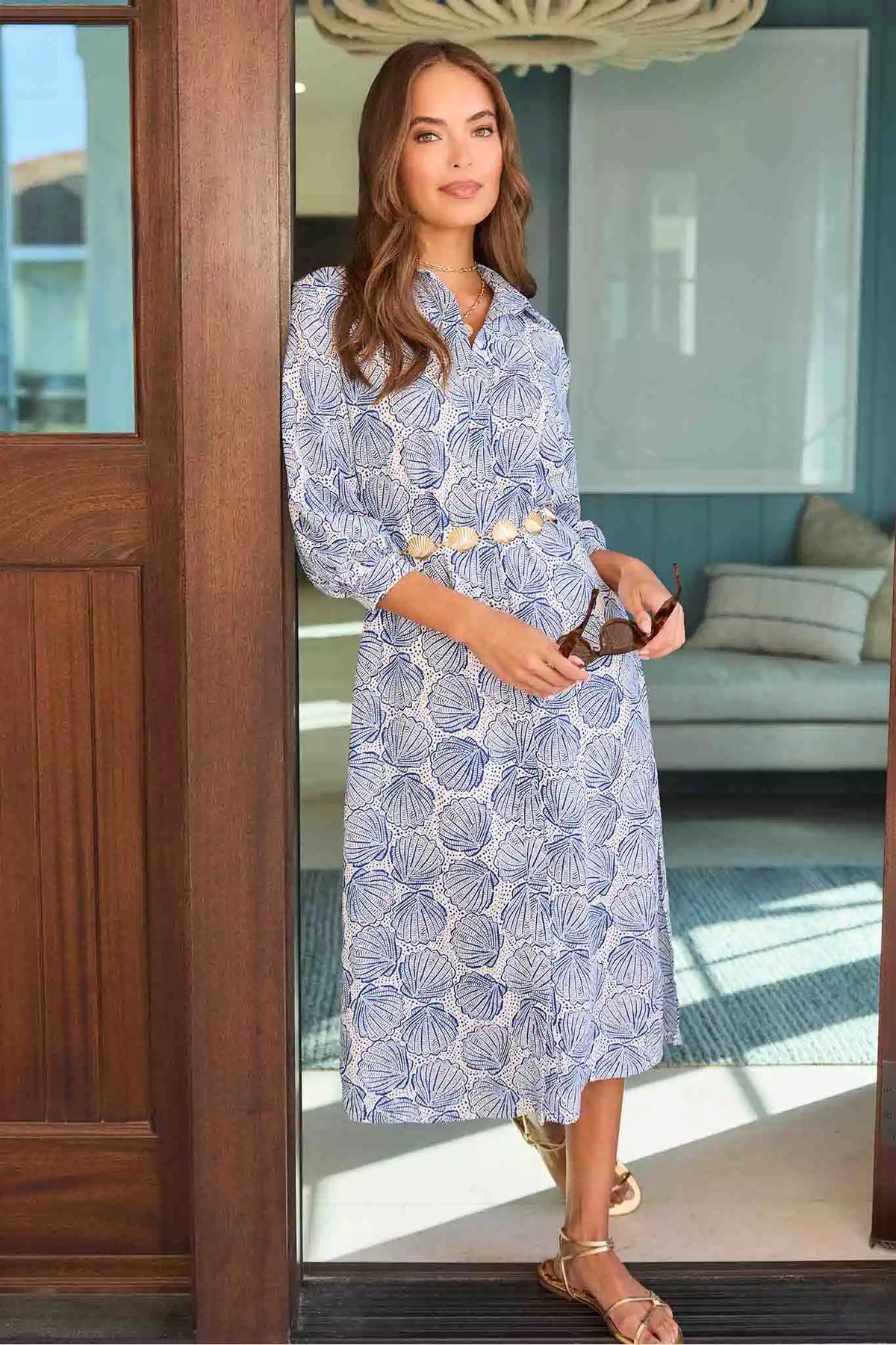 Helen Blue Shell Print Modest Midi Dress - Lifestyle Shot in Coastal Interior | Avara