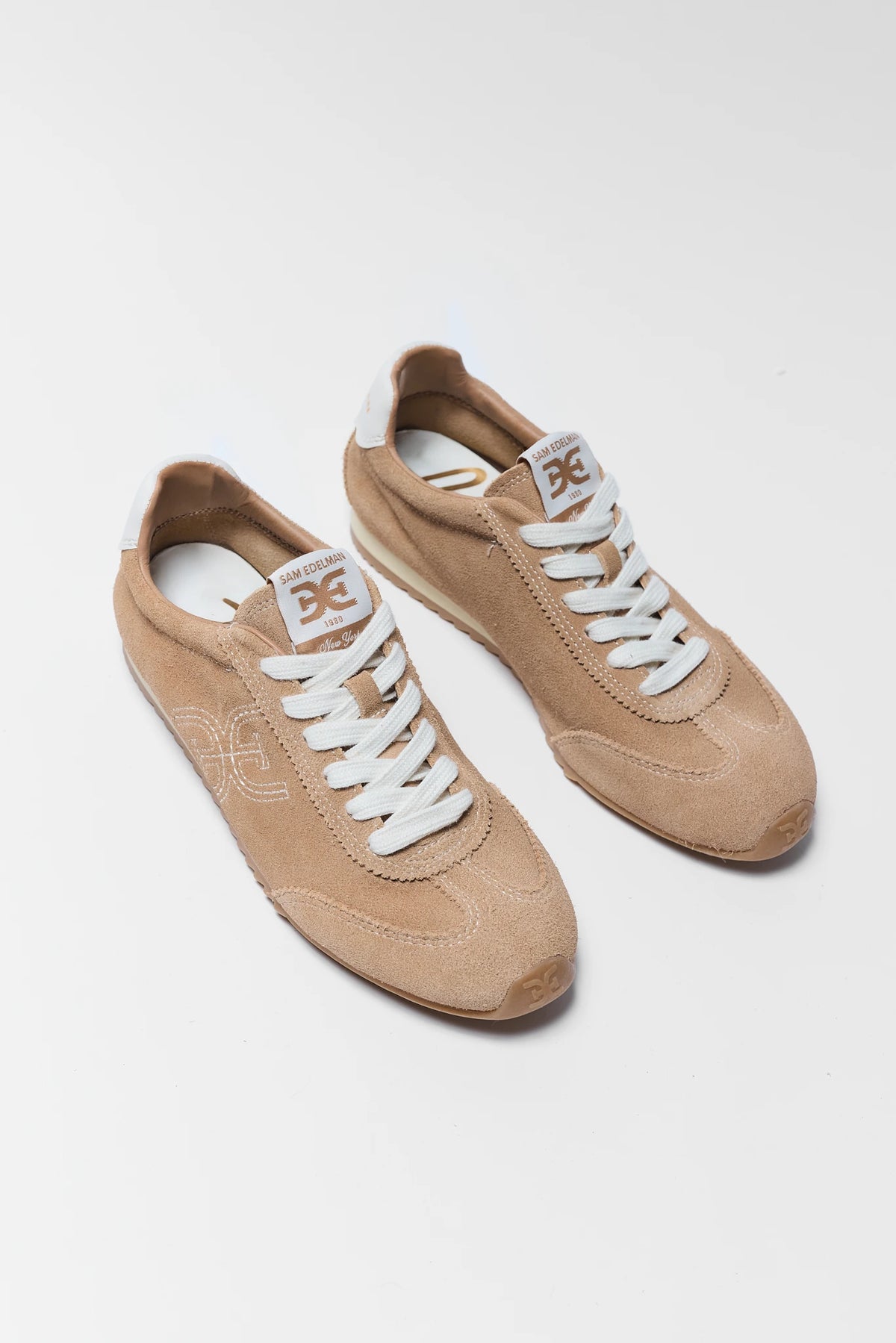 Sam Edelman Isella Tan Suede Sneakers - Pair Flat Lay Top View | Avara