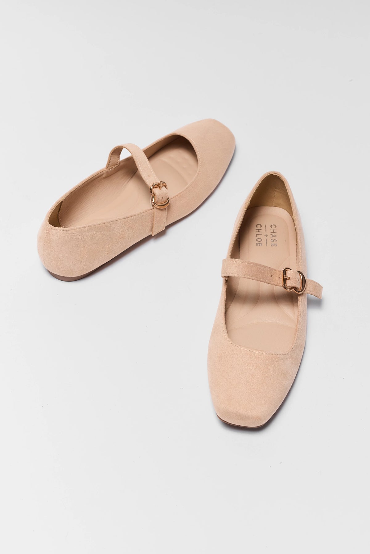 Ivory Faux Suede Ballet Flats - Overhead Pair View with Gold Buckle Strap | Avara