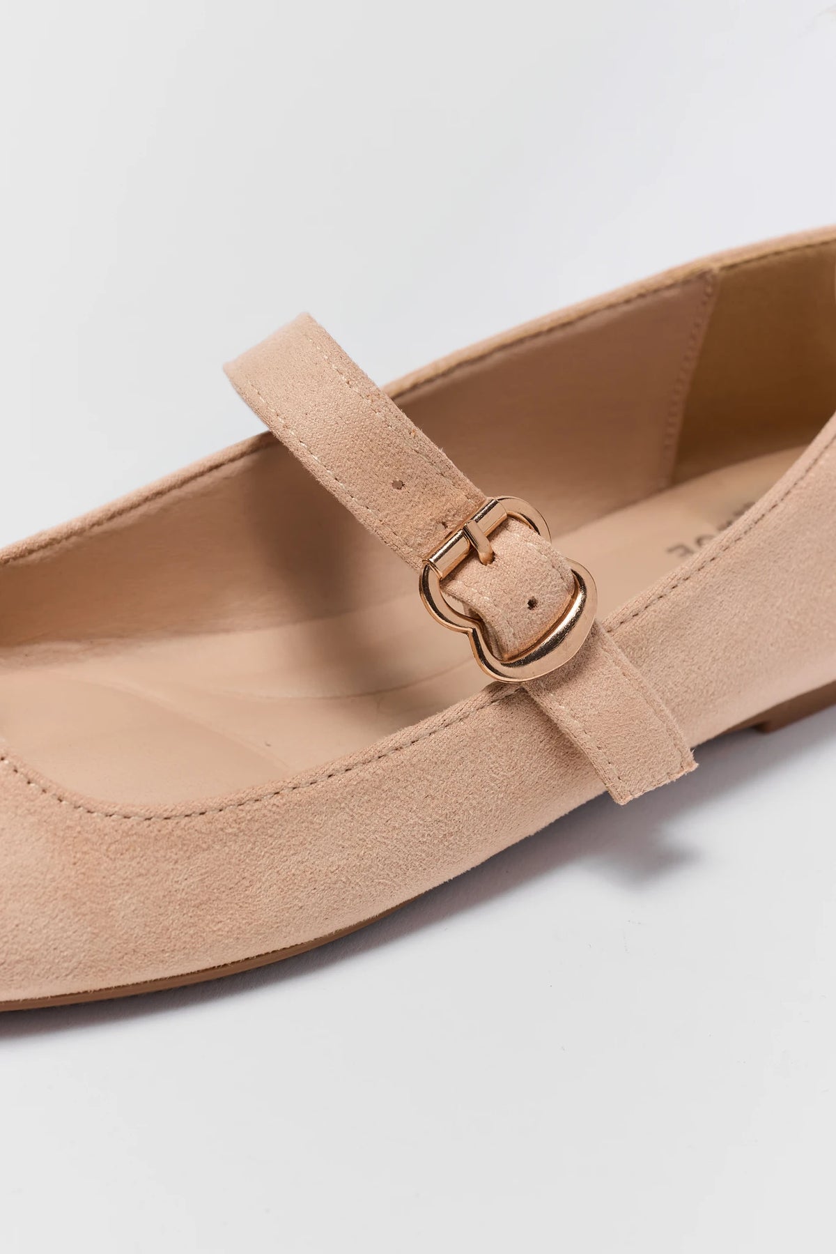 Ivory Faux Suede Ballet Flat - Gold Buckle Strap Close-Up Detail | Avara