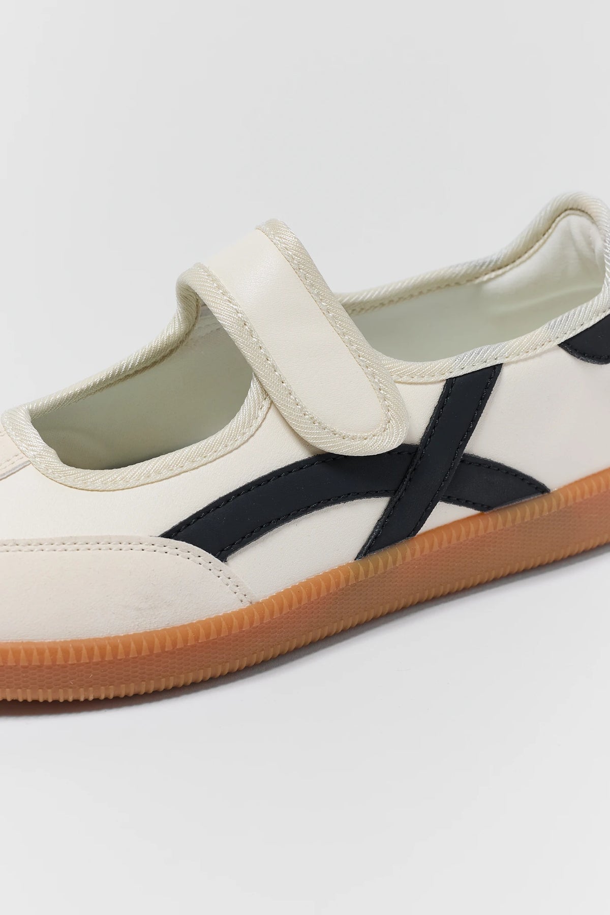 Ivory Mary Jane Sneaker Strap and Toe Box Close-Up Detail with Gum Sole | Avara