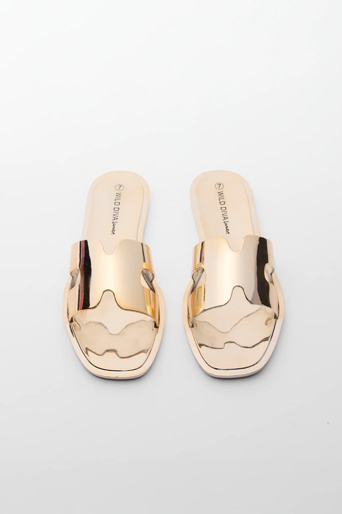 Jaclyn Gold Jelly Sandals - Top-Down View, Metallic Wide Strap Slide | Avara