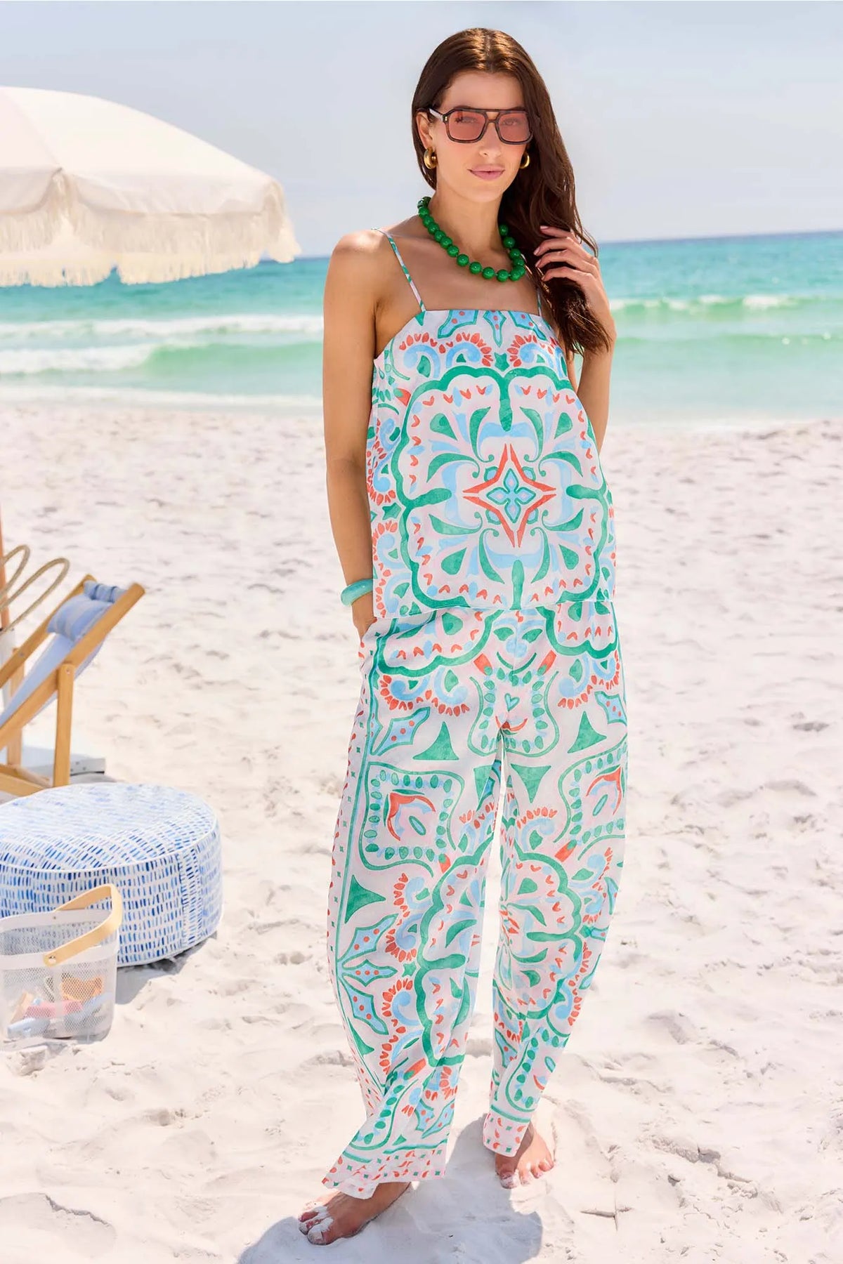 Katie Multi Printed Wide Leg Pants styled on model at beach - Vacation Lifestyle Look | Avara
