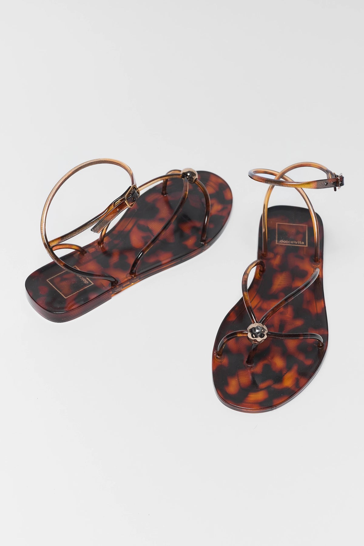 Tortoiseshell jelly sandals with gold-tone detail - Overhead Flat Lay, Pair | Avara