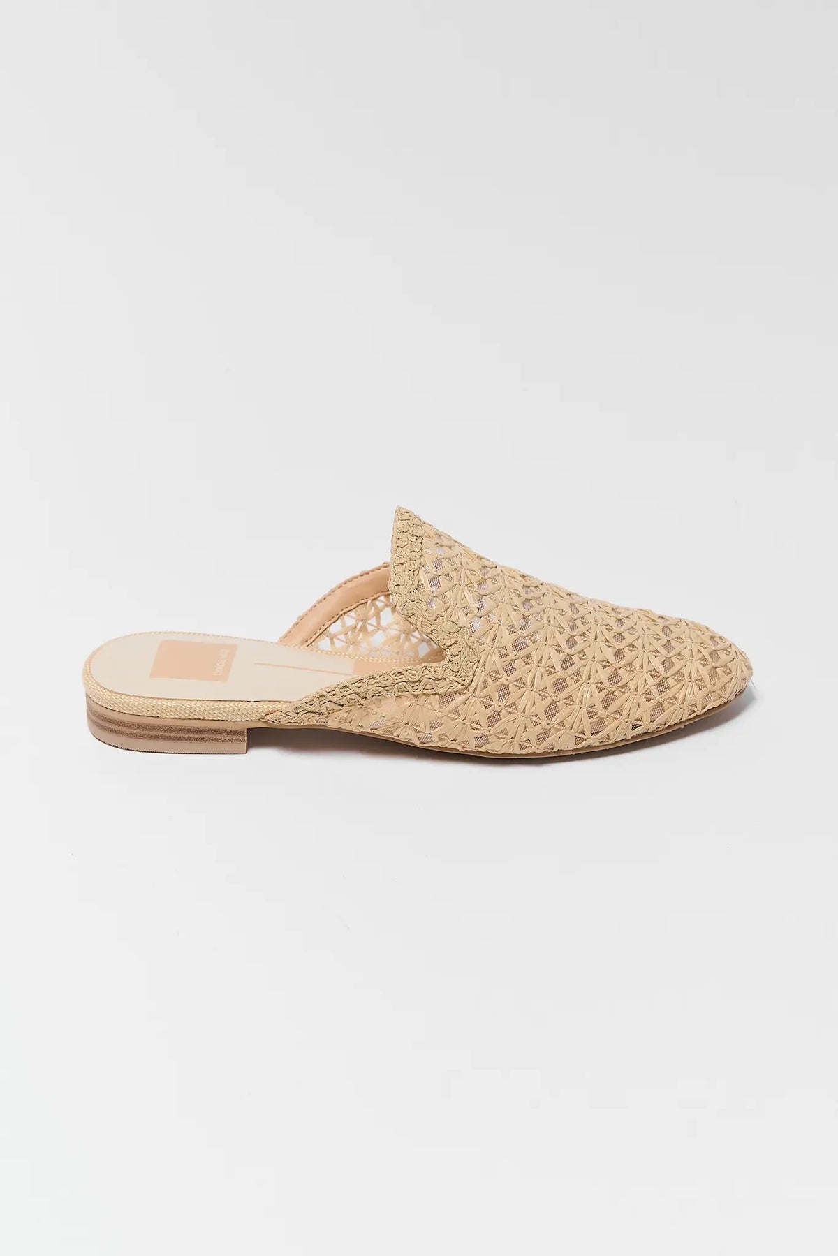 Tan raffia mule side profile view, slip-on flat - Dolce Vita Kirt | Avara