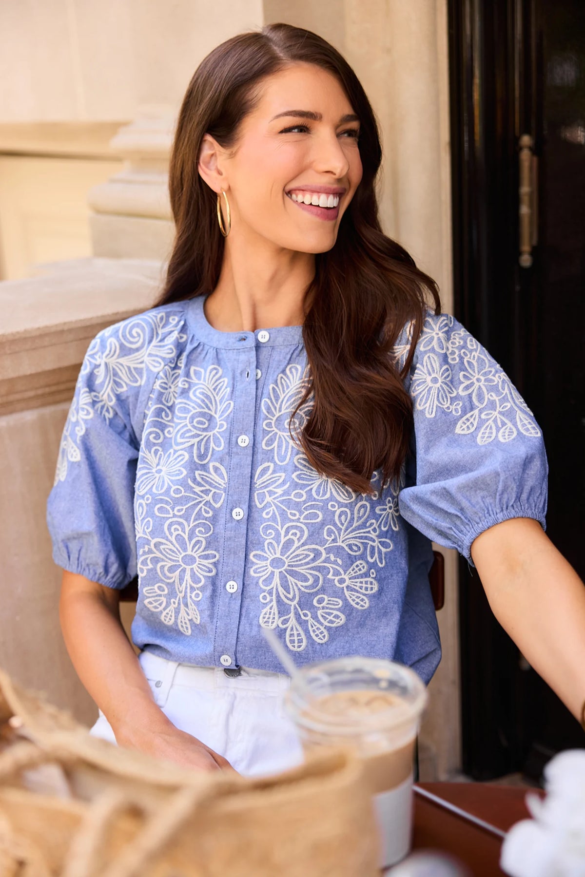 Laney Blue Embroidered Button Up Top with white floral embroidery, styled with white jeans - Lifestyle | Avara