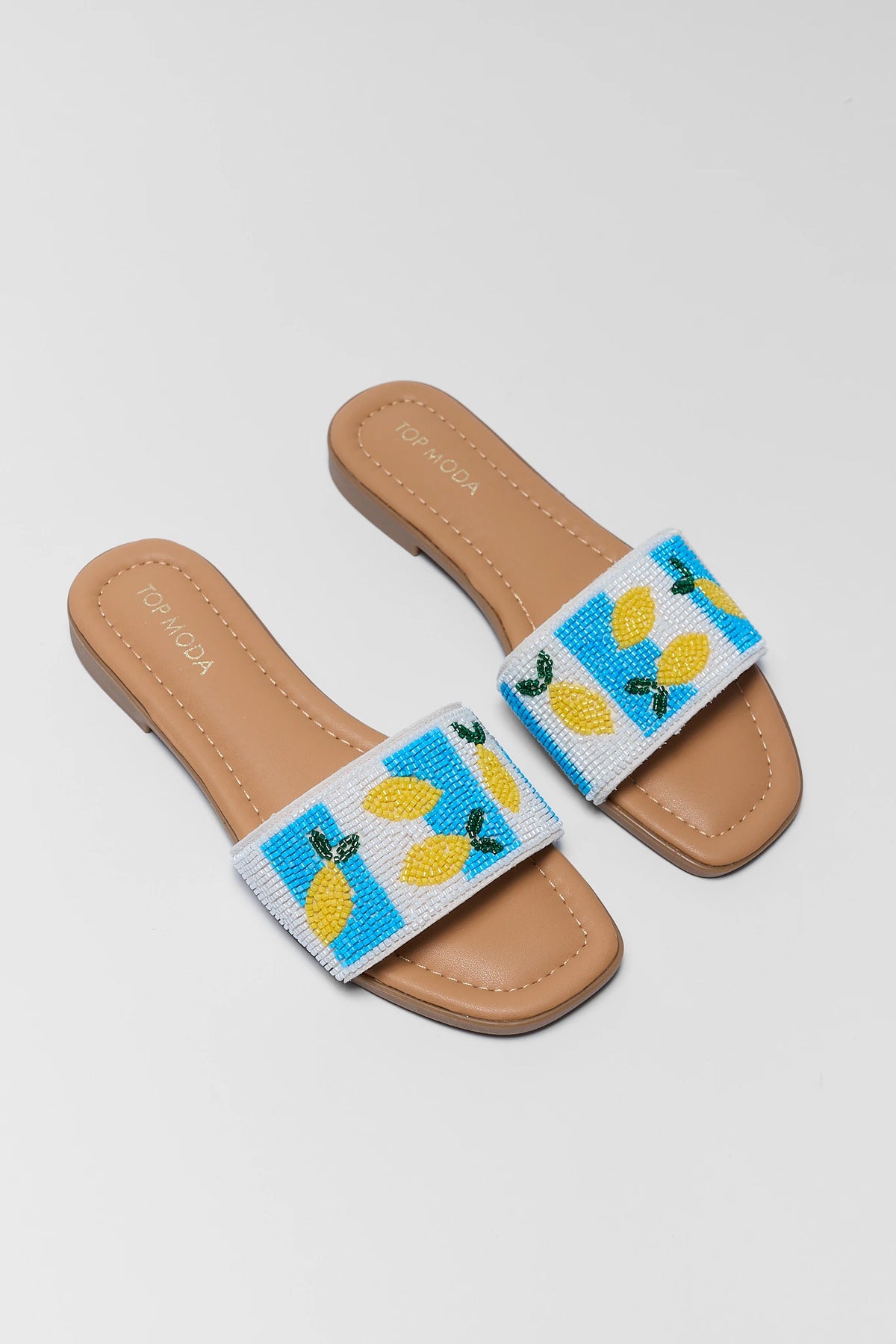 Lemon Beaded Slip On Sandals - Overhead Pair View, Blue White Striped Beaded Strap | Avara