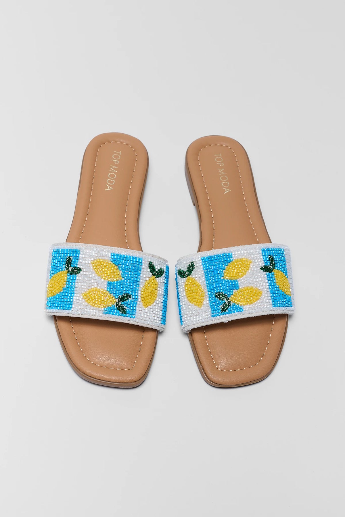 Lemon Beaded Slip On Sandals - Front Toe View, Cute Summer Sandals with Yellow Lemon Beads | Avara