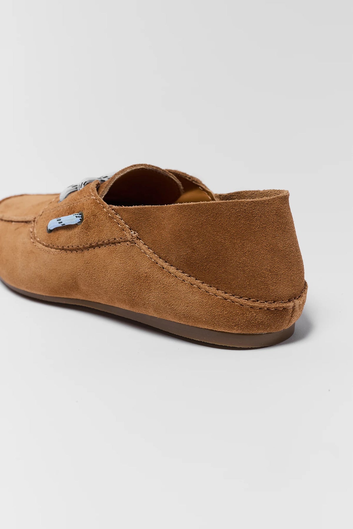 Light brown suede boat shoe heel and back seam detail - Back View | Avara