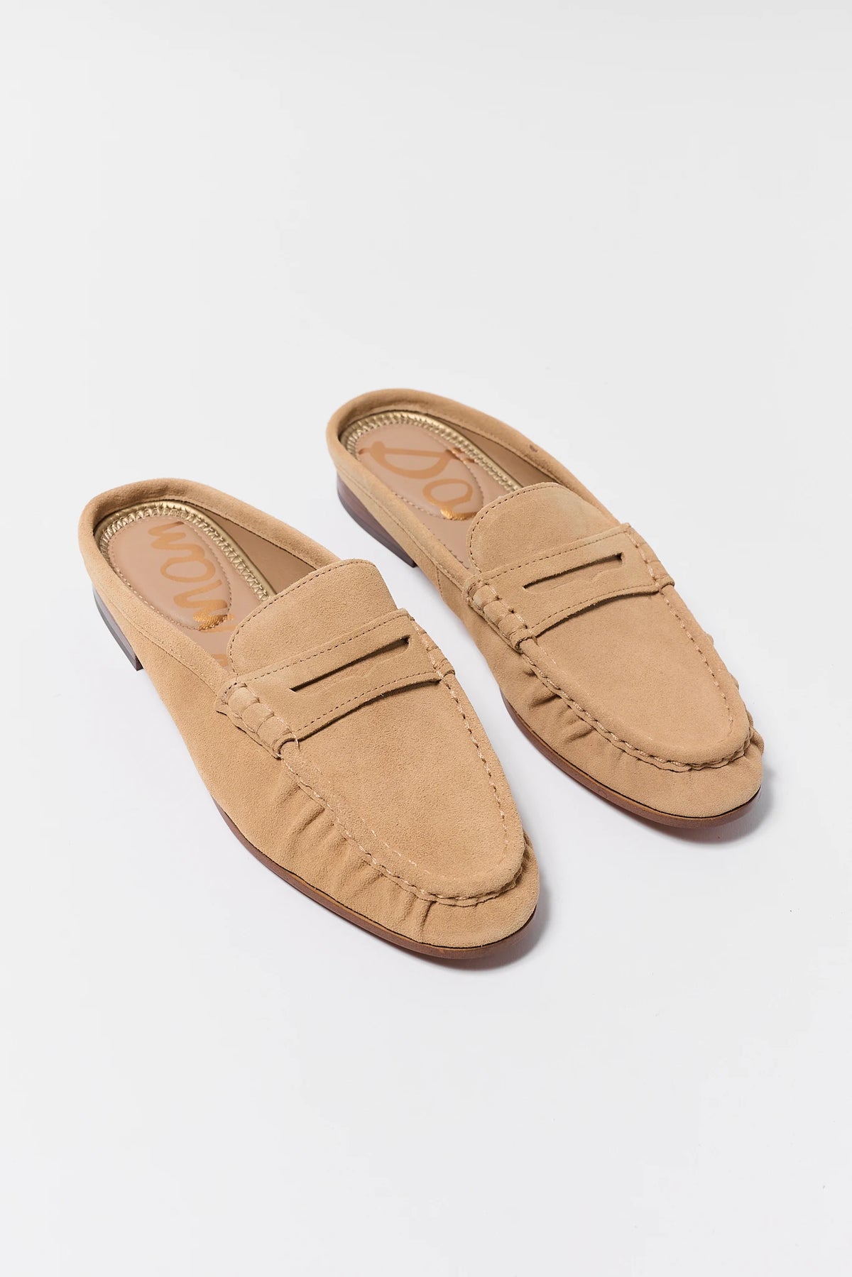 Tan Suede Slip-On Mules - Angled Flat Lay Pair | Avara