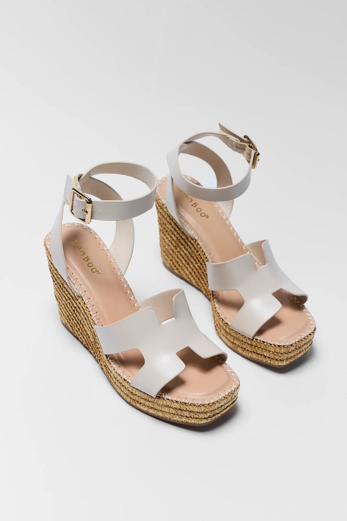 Ivory Faux Leather Wedge Sandals with Raffia Espadrille Platform - Front Pair View | Avara