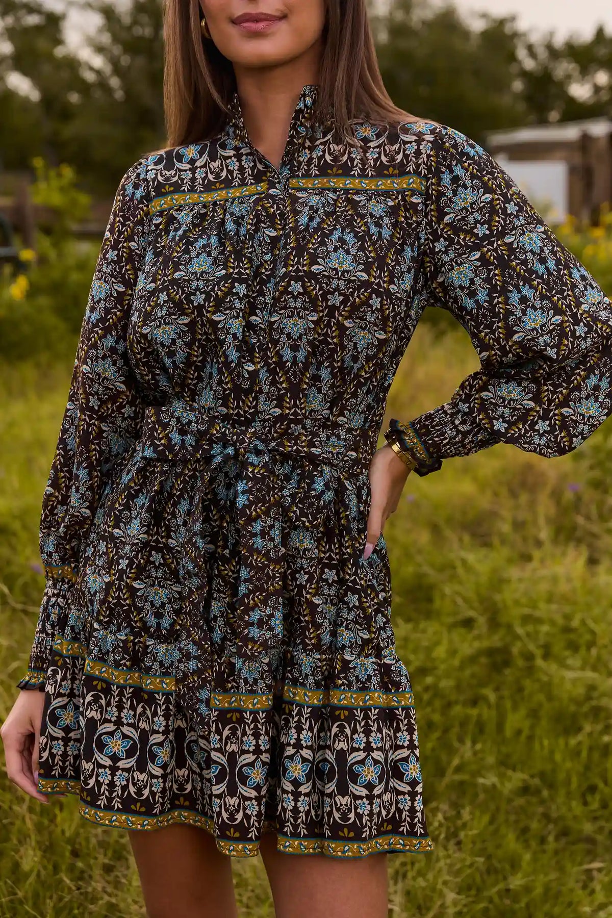 Brown Floral Printed Short Dress - Waist & Tiered Hem Detail, Outdoor | Avara
