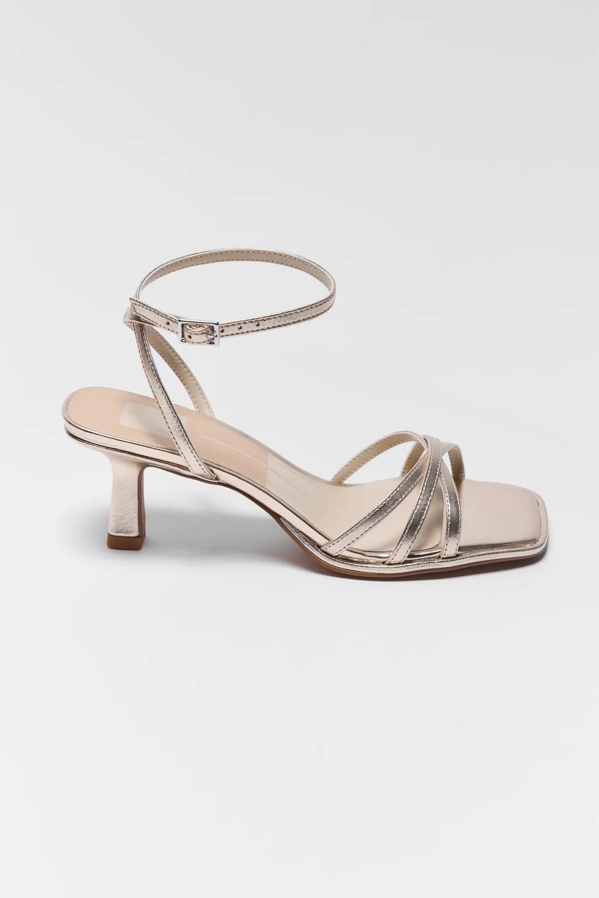 Dolce Vita Manji Gold Metallic Ankle Strap Kitten Heel Sandal - Side Profile | Avara