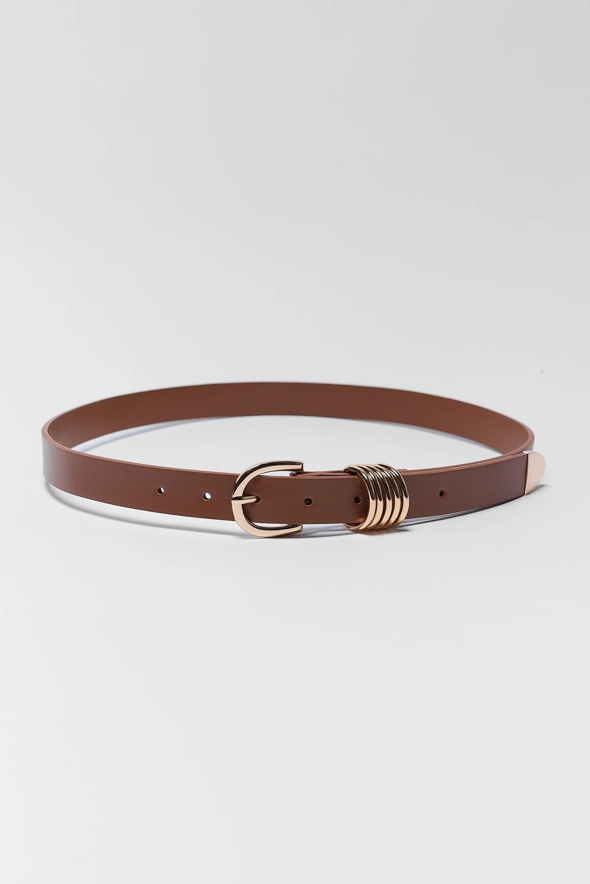 Marley Brown Faux Leather Belt with gold-tone oval buckle and stacked ring detail - Flat Lay View | Avara