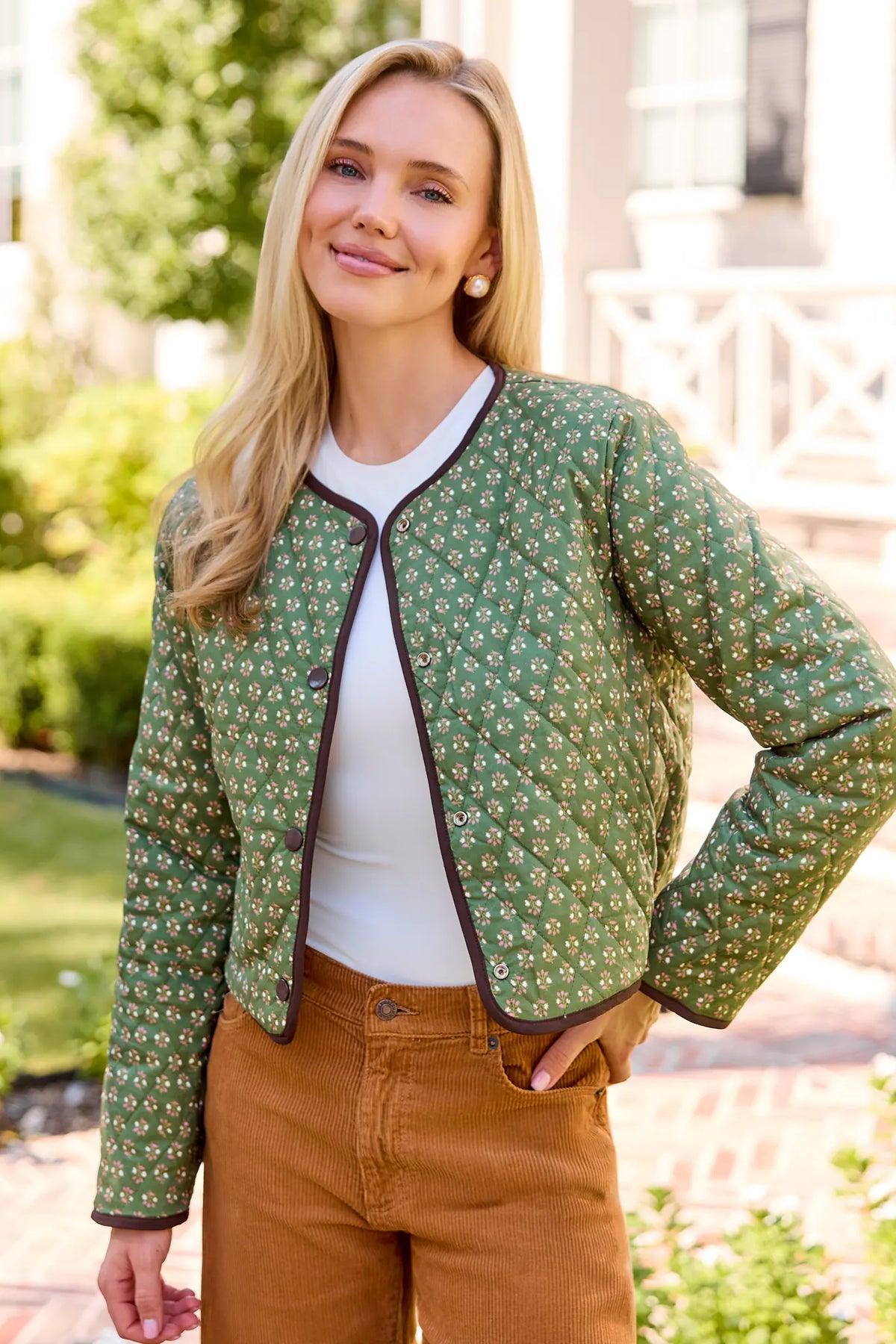 Green Floral Quilted Reversible Jacket - On Model Outdoor Front View with Corduroy Pants | Avara