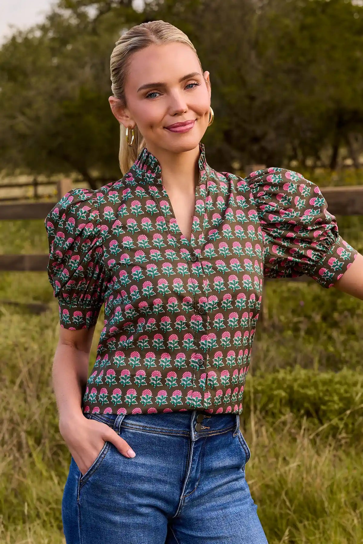 Olive Floral Printed Split Neck Top - Outdoor Lifestyle On Model with Denim | Avara