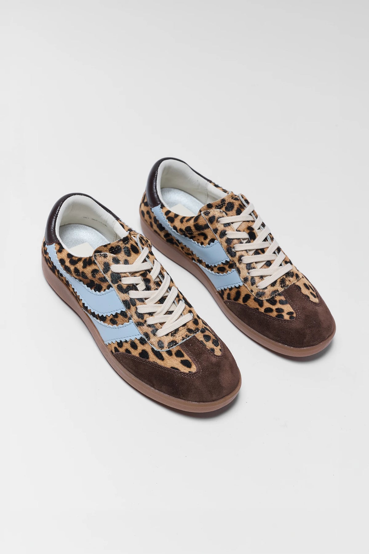 Dolce Vita Merit Leopard Sneakers - Pair Flat Lay, Brown Suede Toe & Blue Stripe | Avara