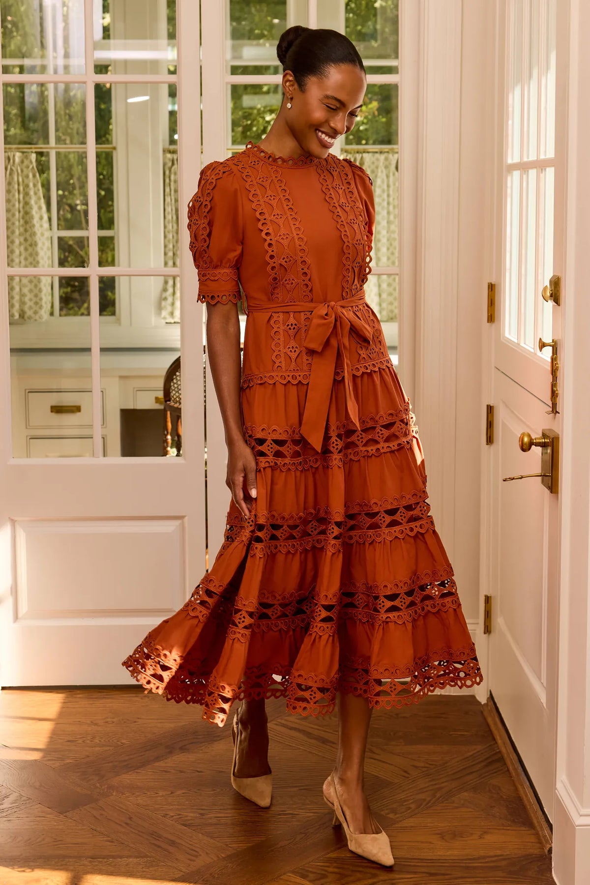 Rust Eyelet Detail Midi Dress - On Model Lifestyle Front View | Avara