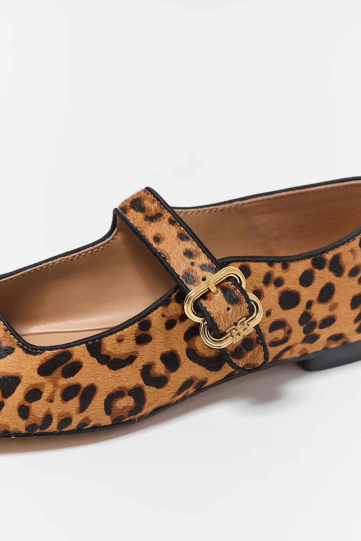 Sam Edelman Michaela Leopard Flat - Gold Buckle Strap Close-Up Detail on Square Toe | Avara