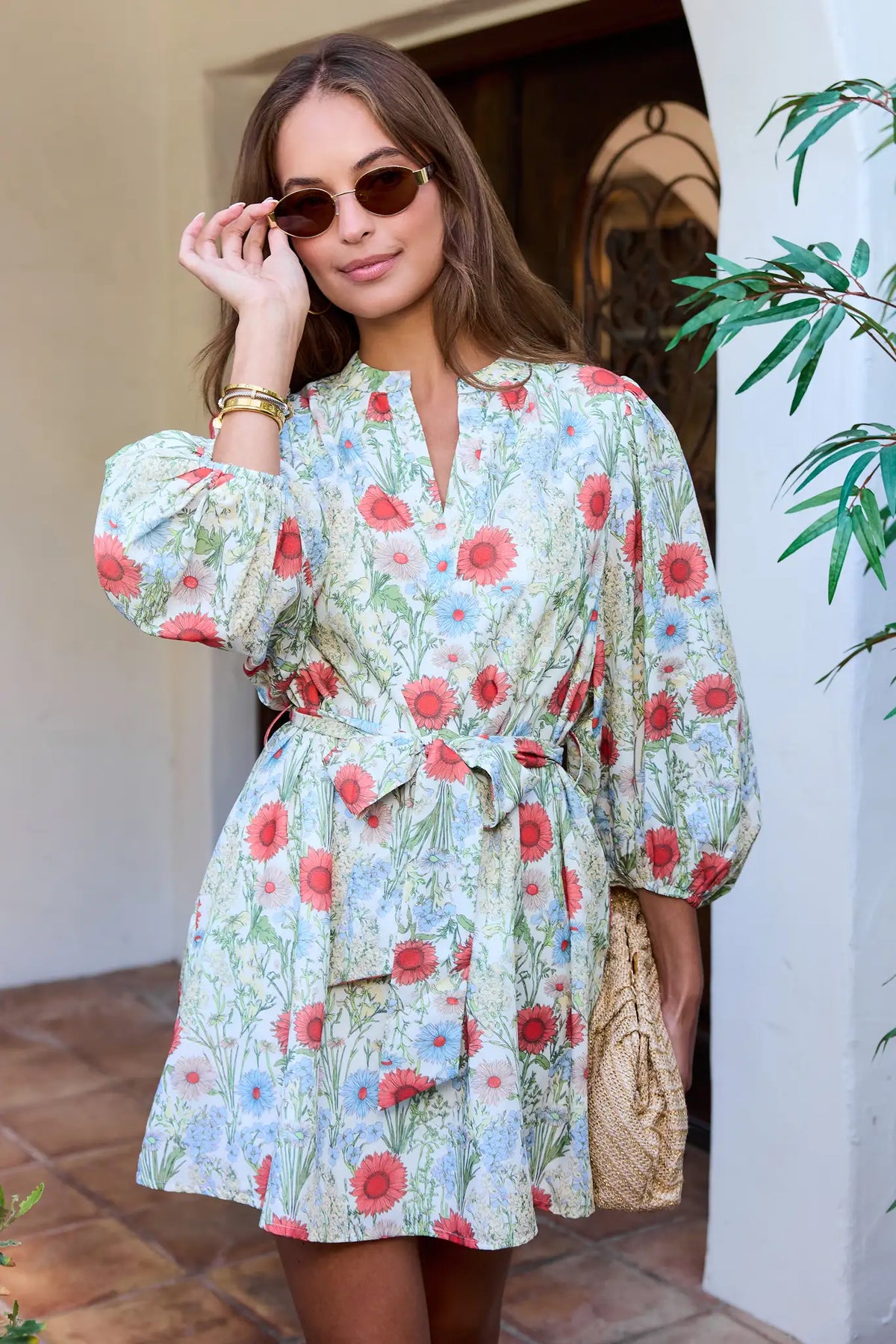 Multi Floral Print Short Dress - Lifestyle Styled Look with Sunglasses & Woven Bag | Avara