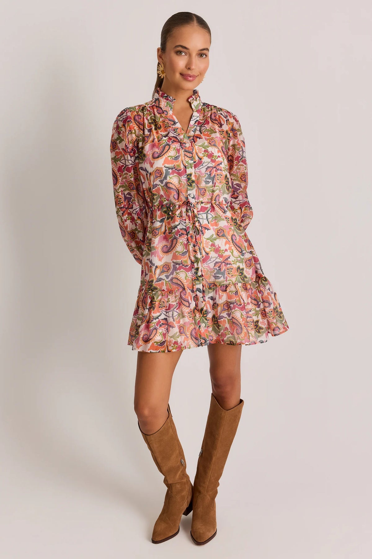 Multi Paisley Print Short Dress - Full Length Front View with Boots | Avara