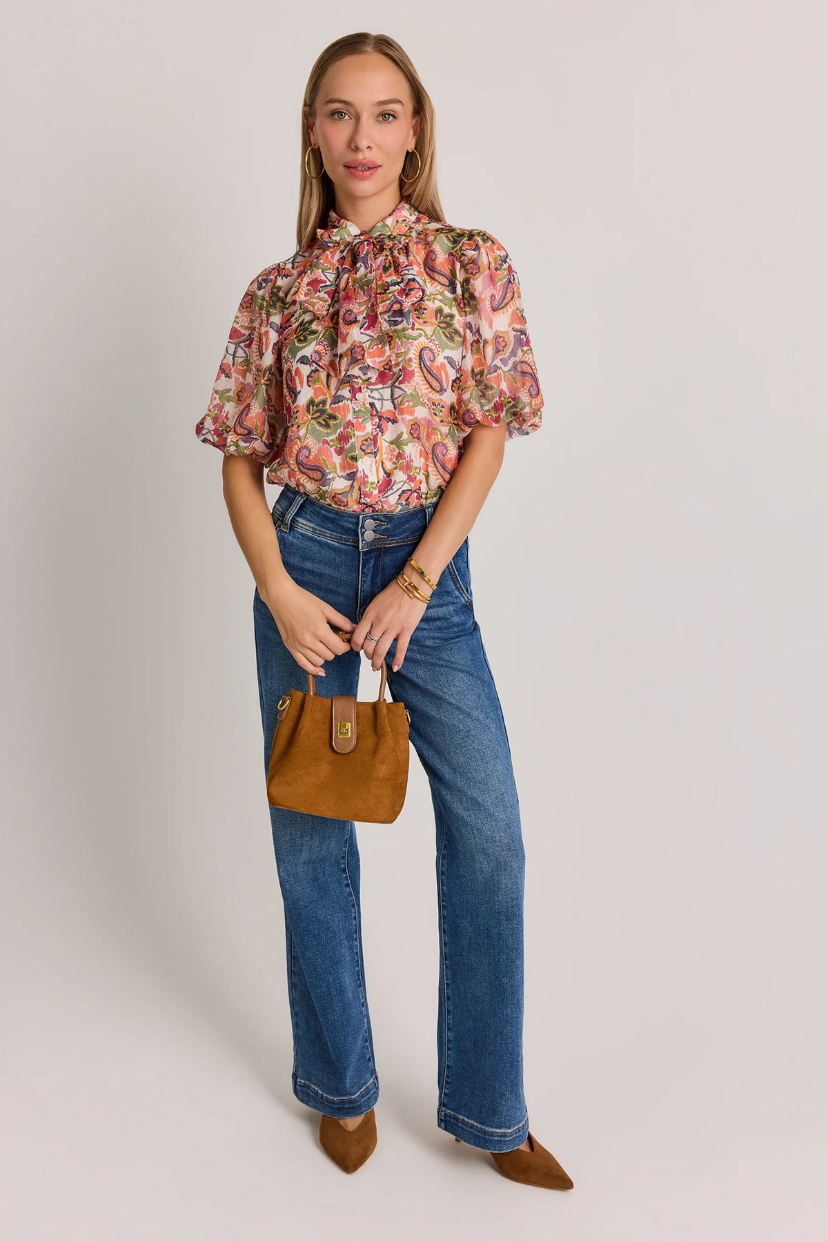 Multi Paisley Print Top Styled with Wide Leg Jeans and Tan Bag - Full Length | Avara