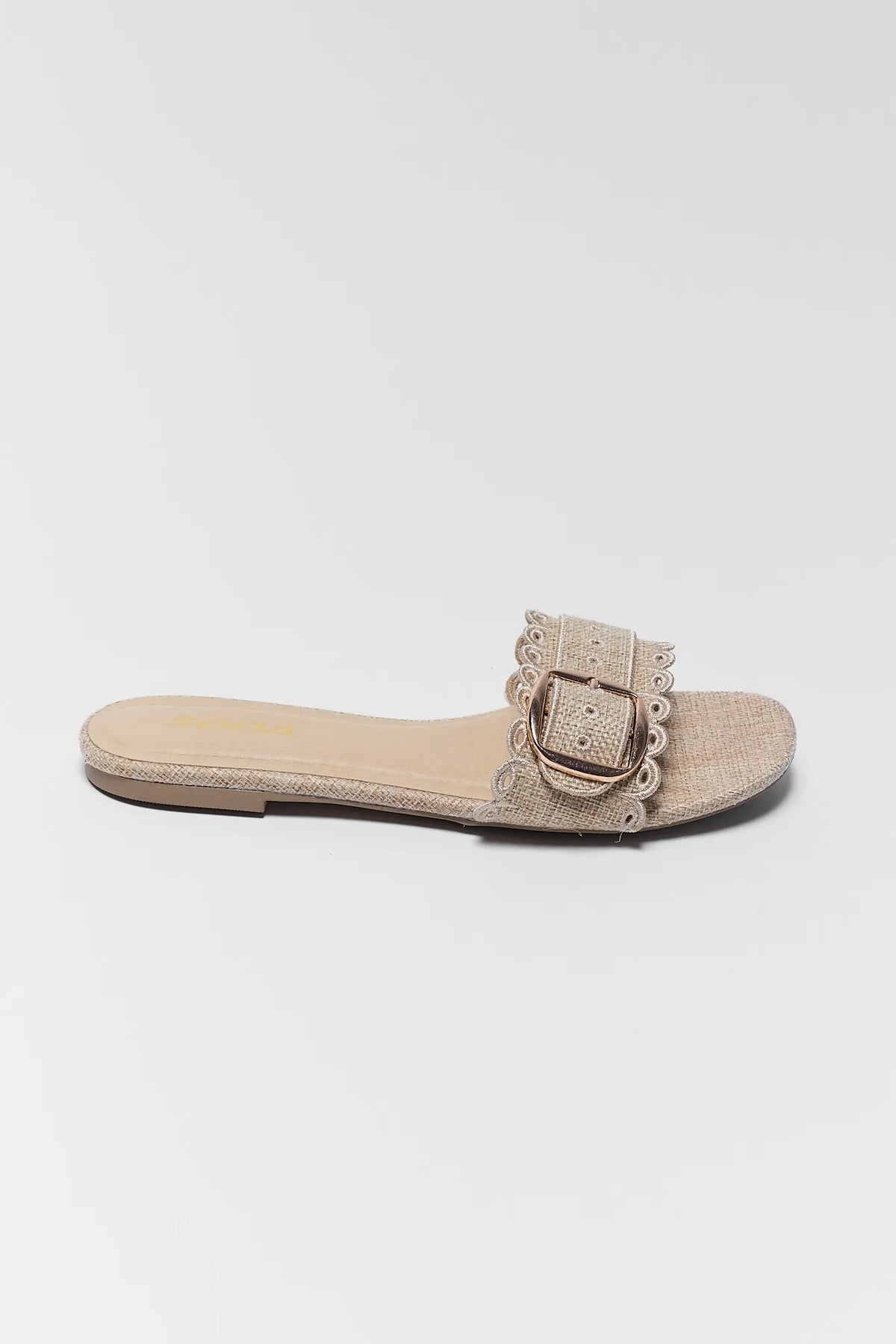Nancy Tan Scalloped Buckle Sandals - Side Profile, Woven Raffia Flat Slide with Gold Buckle | Avara
