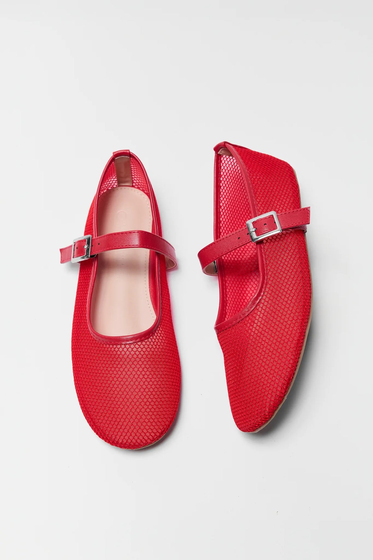 Red mesh flats with buckle strap - Top View, pair of Naomi Mary Jane flats | Avara