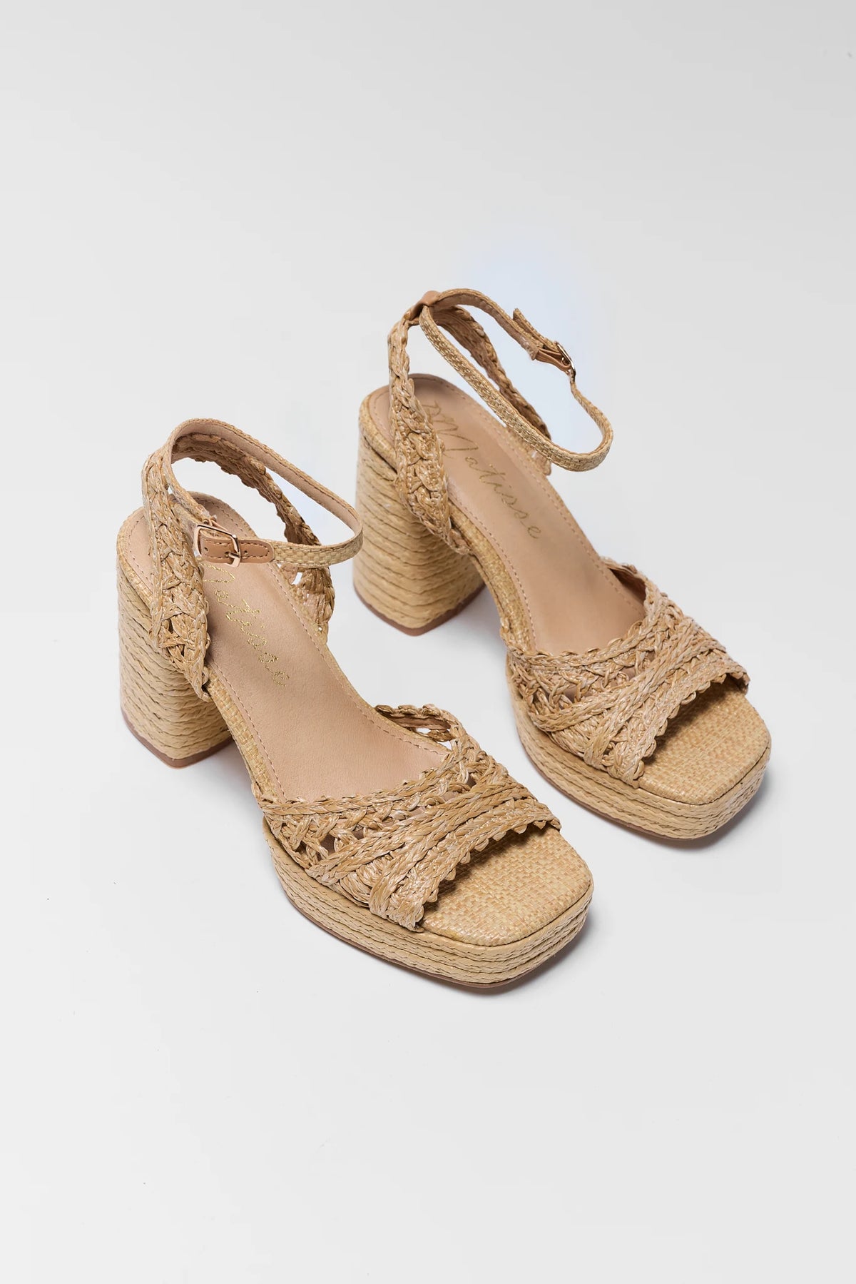 Tan raffia platform block heels pair - Angled Front View | Avara
