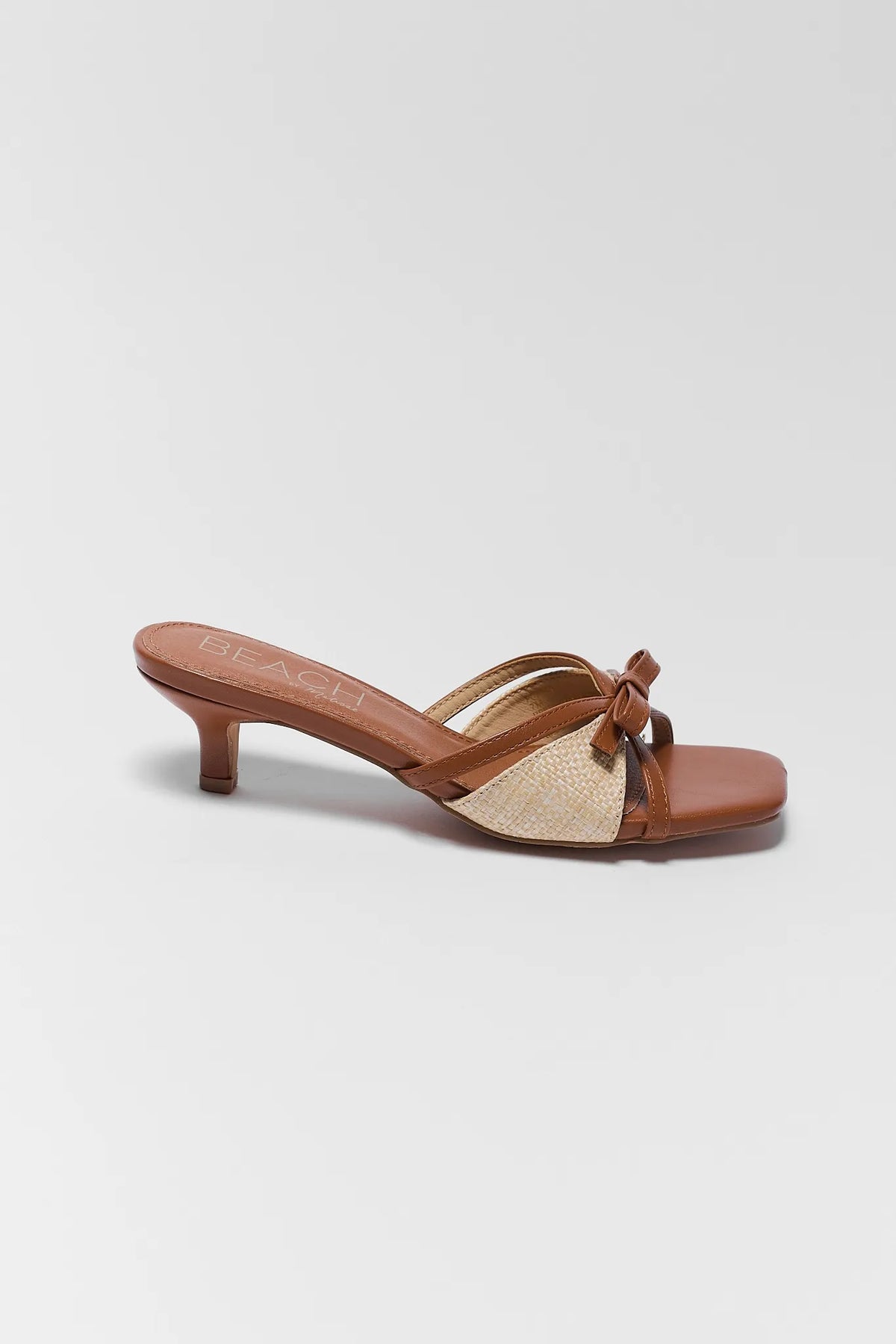 Portia Brown Raffia Kitten Heels - Side Profile, Single Shoe | Avara
