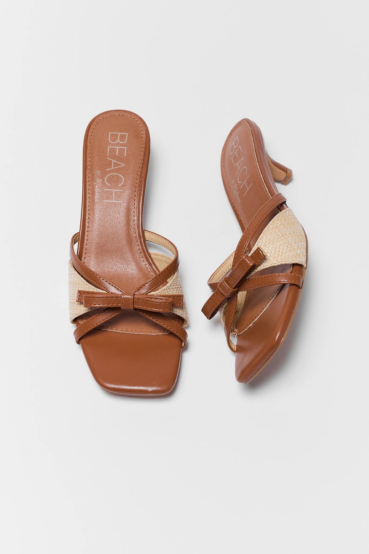 Portia Brown Raffia Kitten Heels - Top View, Pair with Bow Detail | Avara