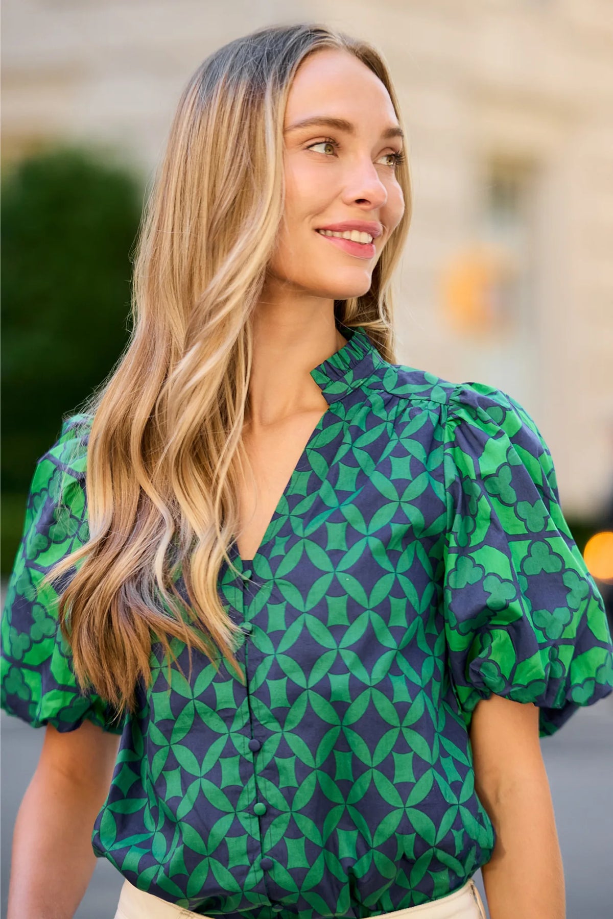 Rebecca Green Printed Split Neck Puff Sleeve Top - Outdoor Lifestyle On-Model Side Profile | Avara
