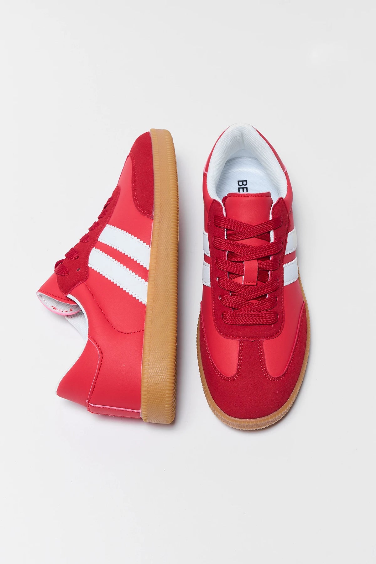 Red Faux Leather Low-Top Sneaker - Top & Side Flat Lay, White Stripe Gum Sole | Avara