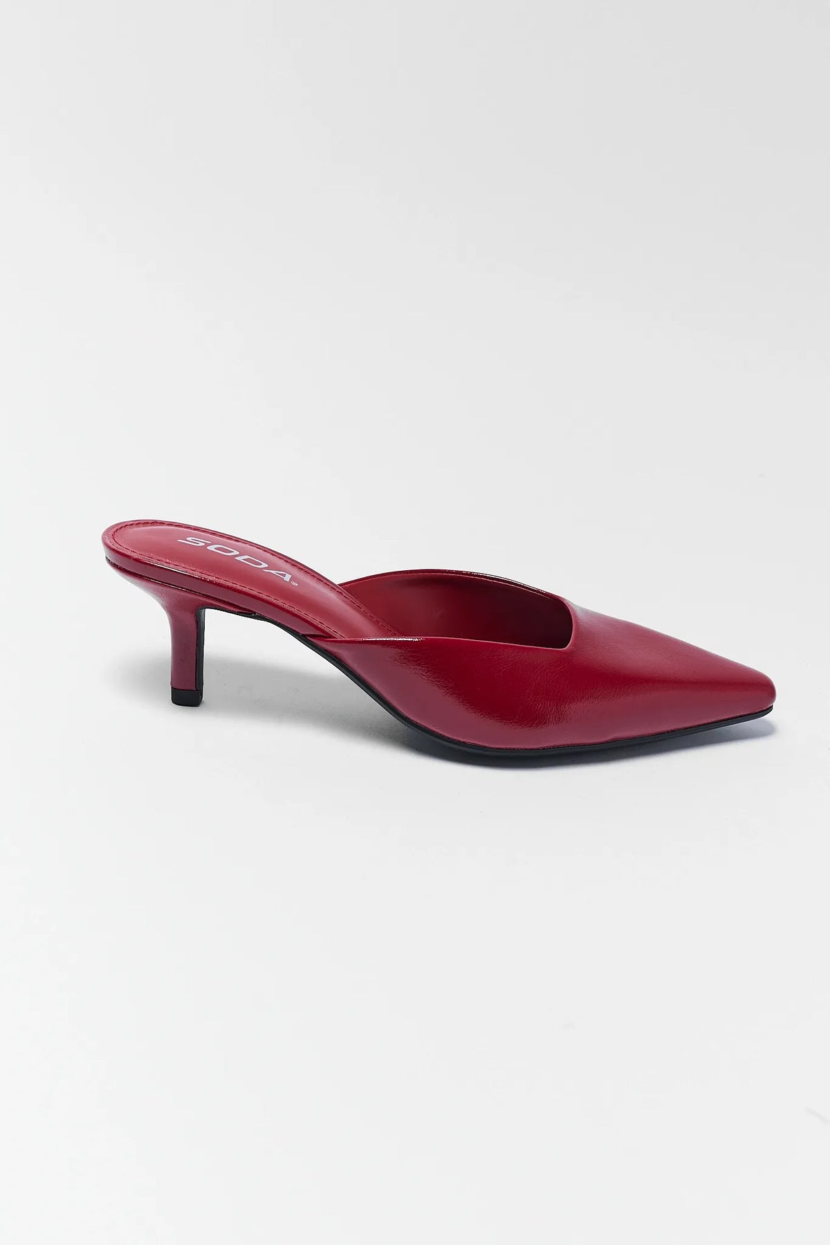 Red Faux Leather Mule Kitten Heel - Side Profile | Avara