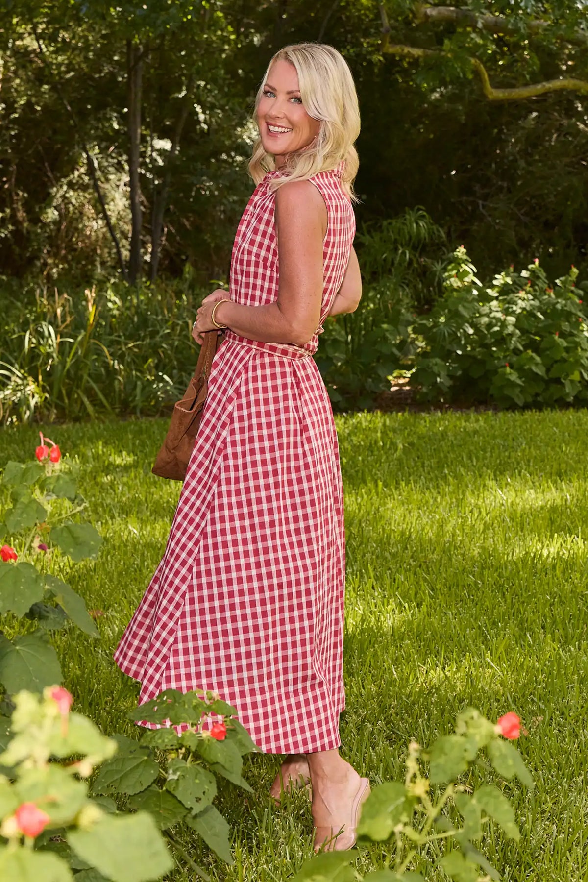 Red Gingham Tie Waist Midi Dress - On Model Outdoor Side Profile View | Avara