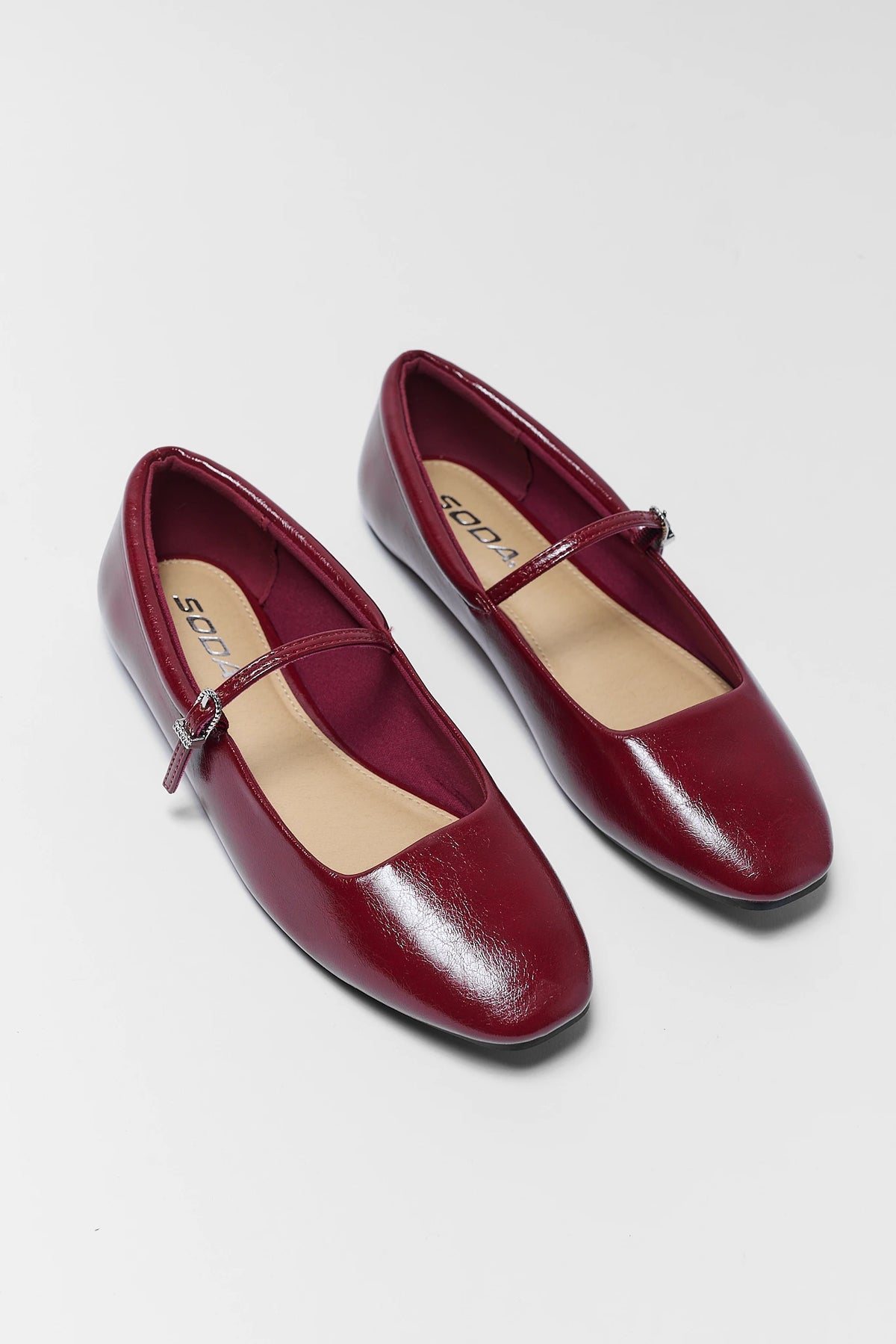Red Patent Ballet Flats - Angled Pair Flat Lay, Round Toe | Avara