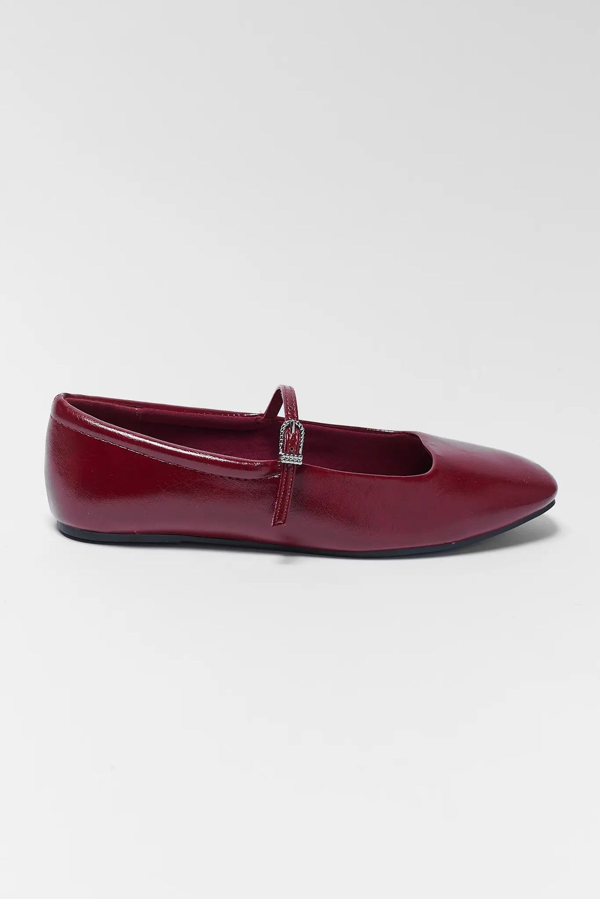 Red Patent Leather Ballet Flat - Side Profile with Silver Buckle Strap | Avara