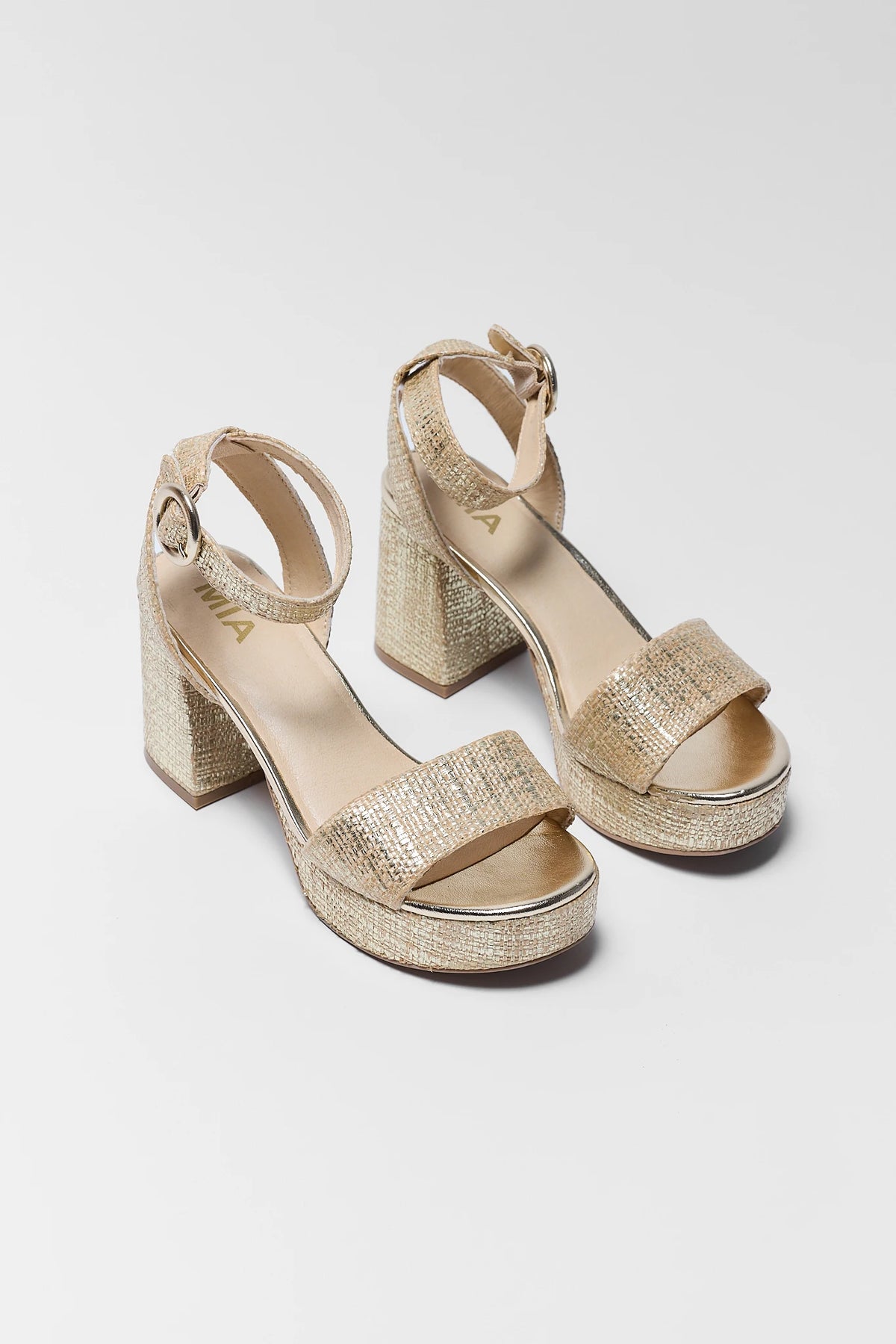 Renee Gold Platform Block Heel Sandals with ankle strap - Front Angle Pair | Avara