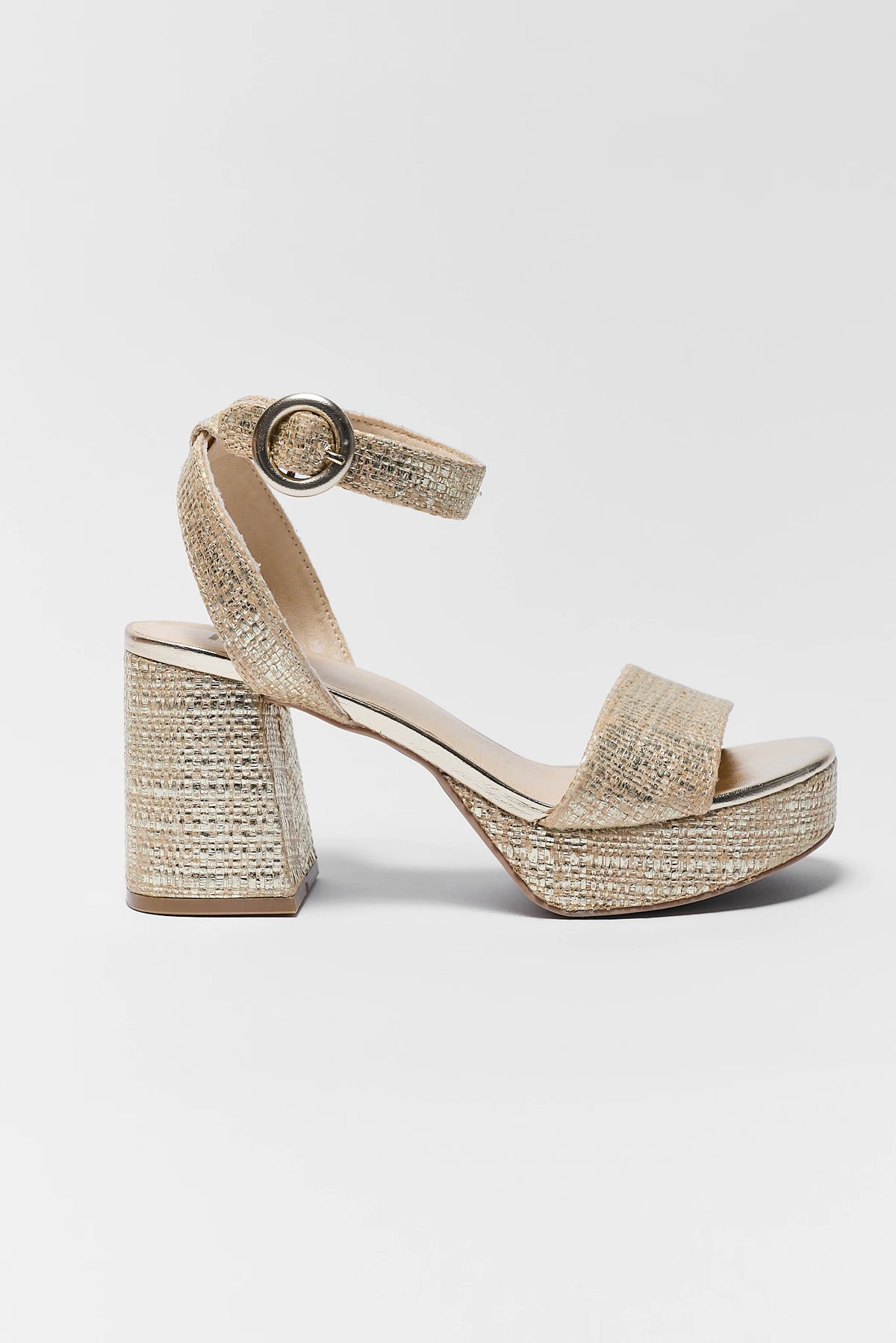 Gold platform block heel sandal with woven texture and ankle strap buckle - Side Profile | Avara