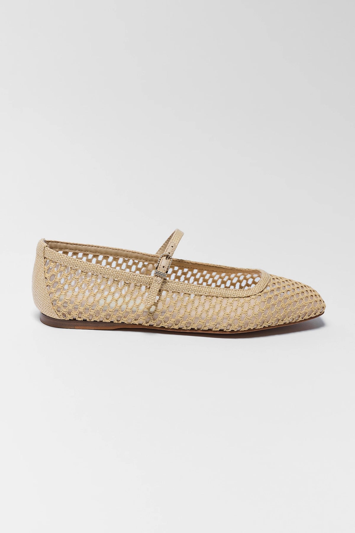 Tan netted Reyes Flat by Dolce Vita - Side Profile, mary jane strap tan summer flat | Avara