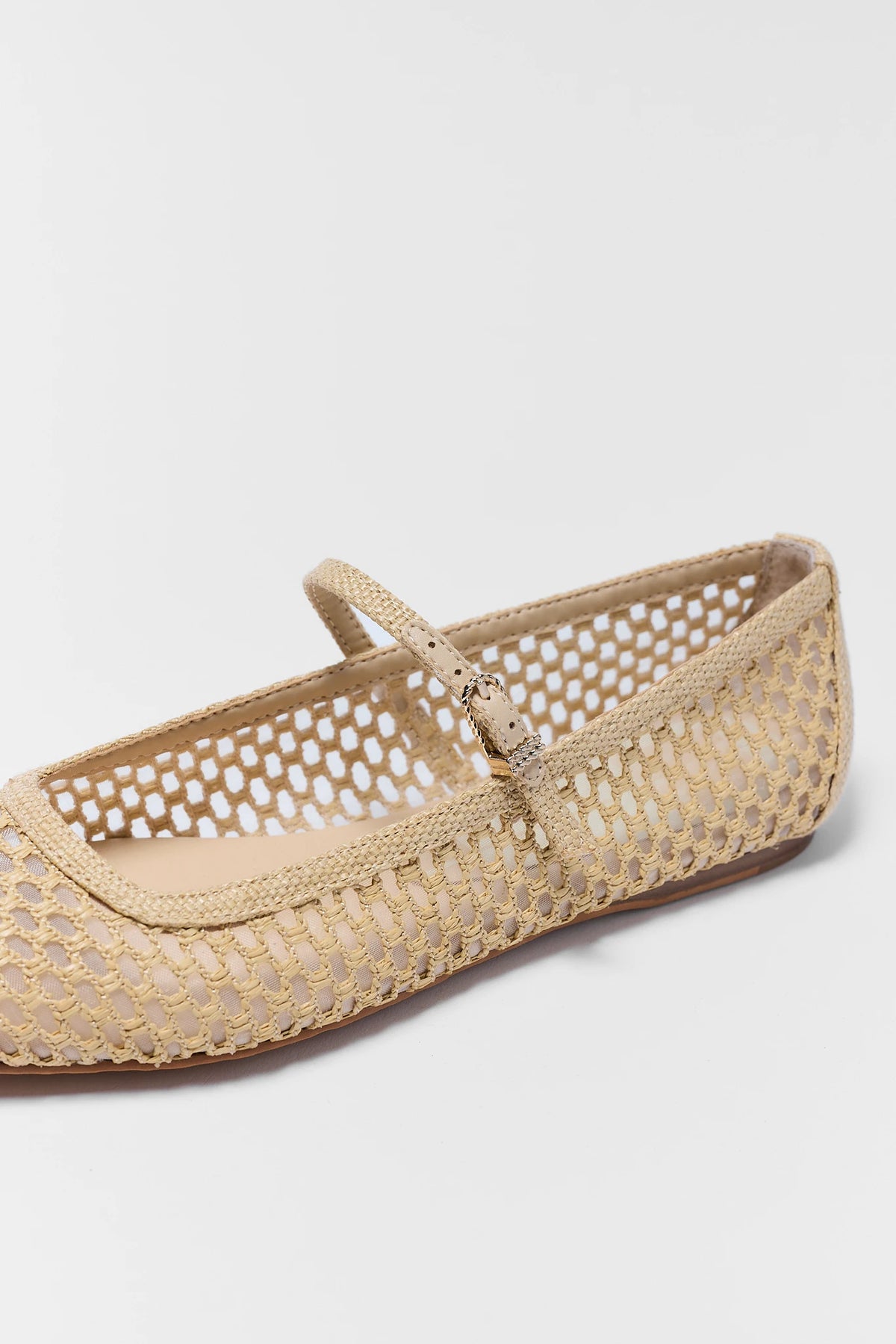 Close-up Reyes Tan Flat by Dolce Vita - Buckle Strap Detail, woven net women's flat | Avara